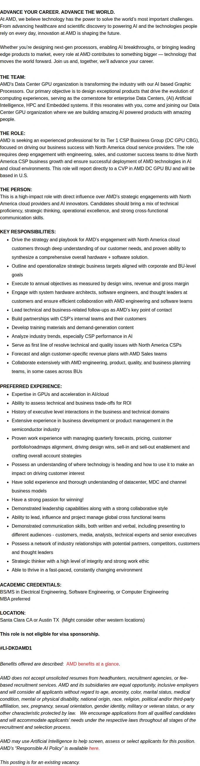 AMD Sr Director, Business Development, T1 CSP Customers - DC GPU 채용공고