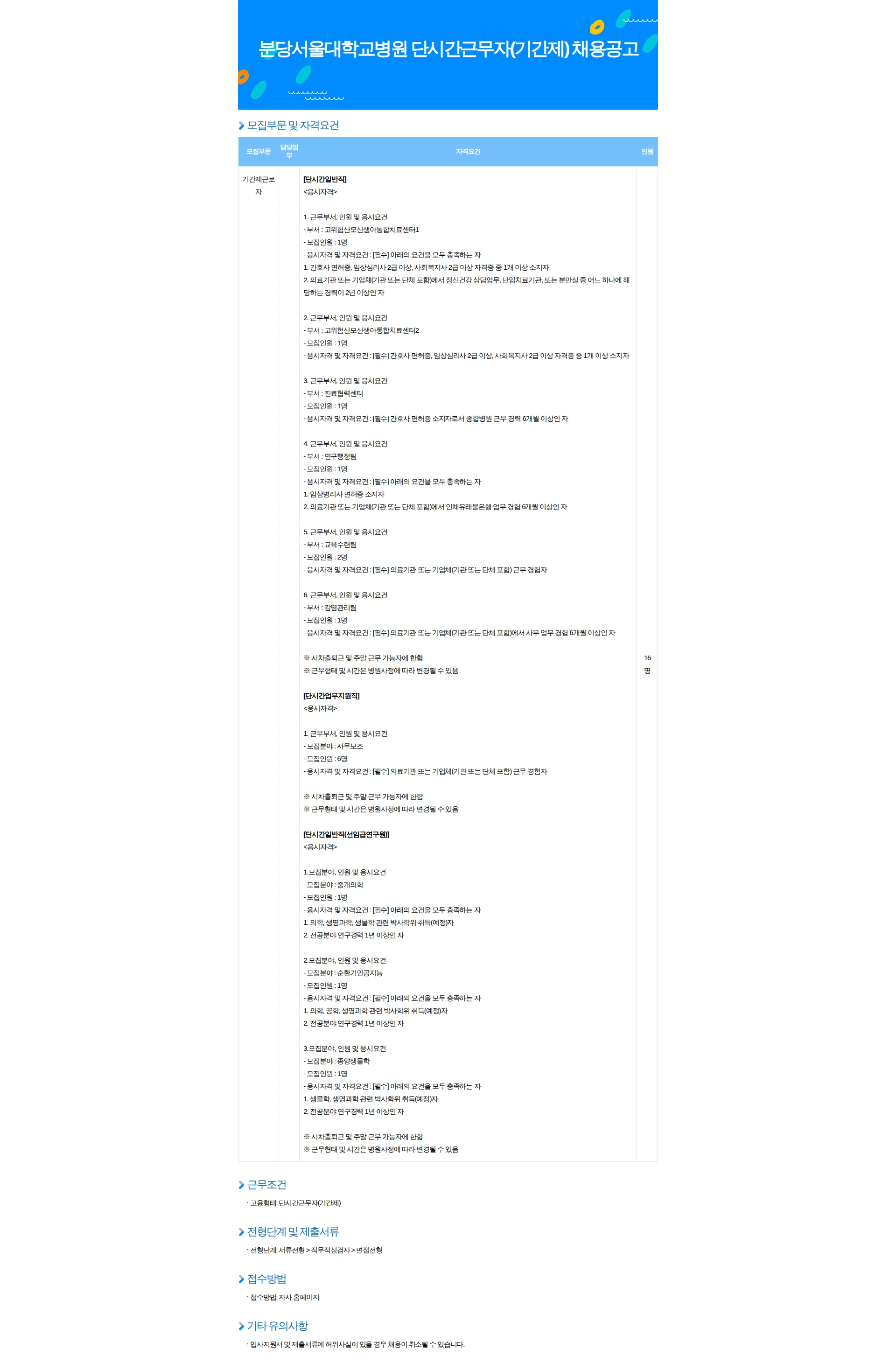 분당서울대학교병원 분당서울대학교병원 단시간근무자(기간제) 채용공고 채용공고