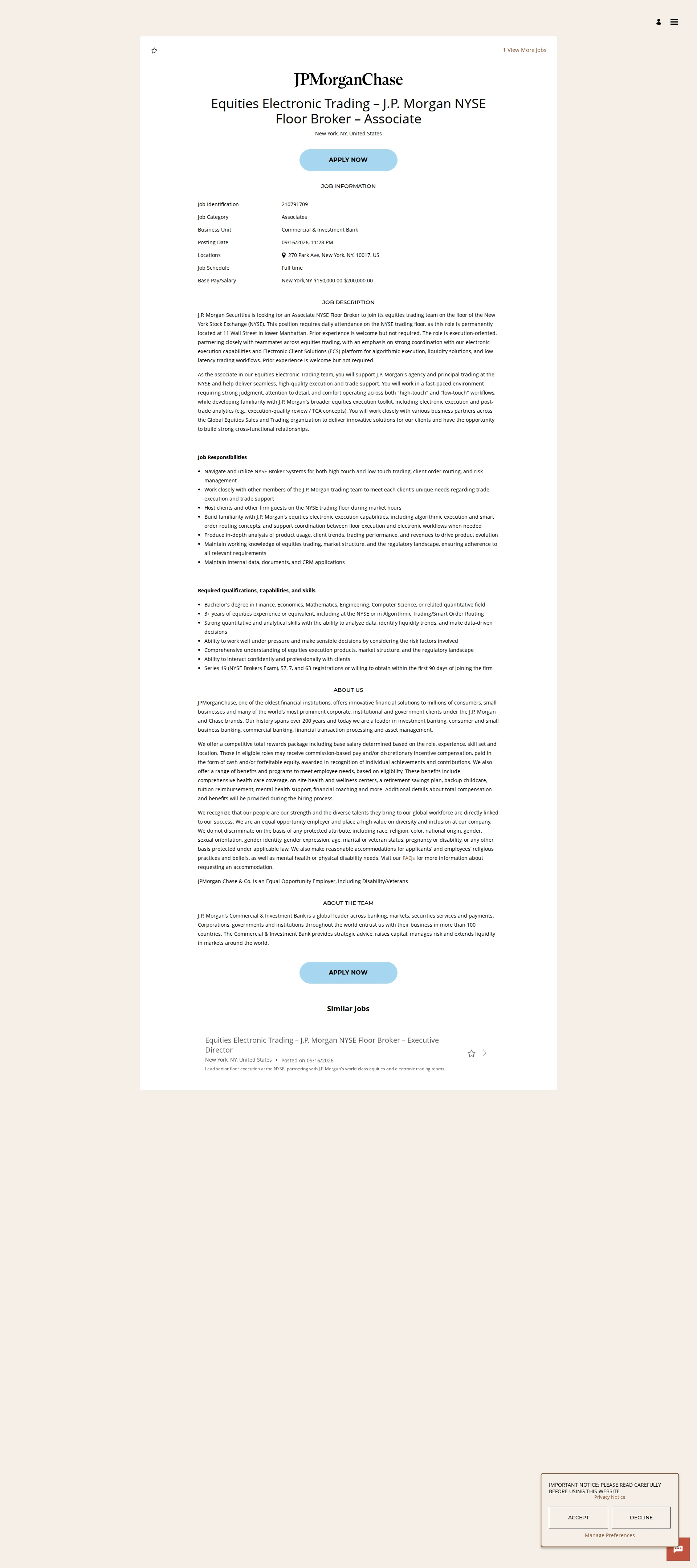 JPMorganChase Equities Electronic Trading – J.P. Morgan NYSE Floor Broker – Associate 채용공고