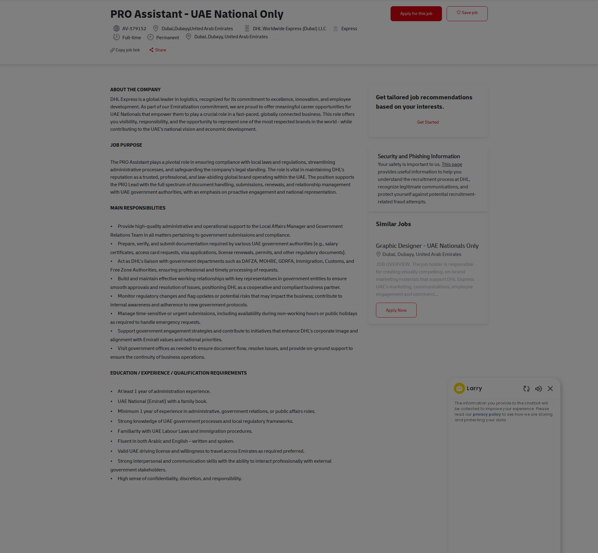 DHL PRO Assistant - UAE National Only 채용공고