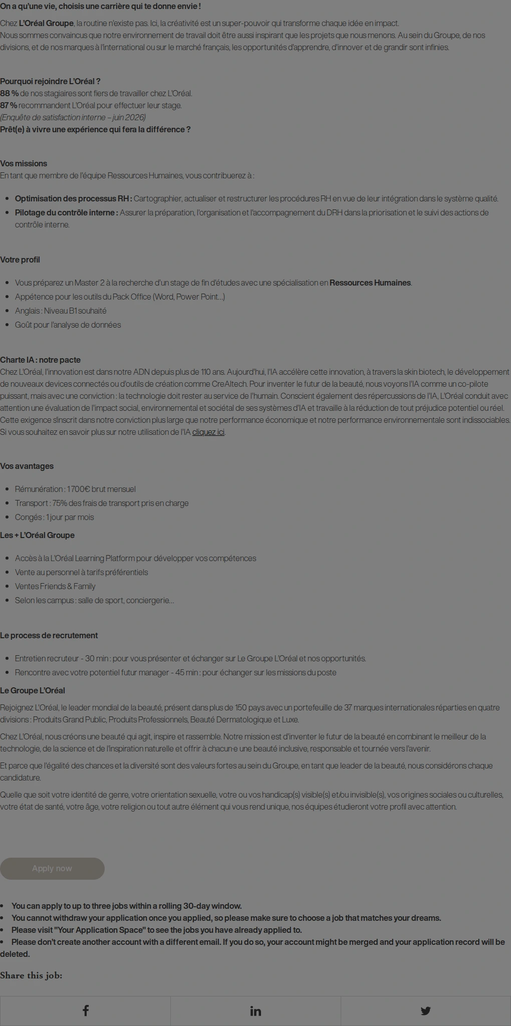 로레알(L'Oreal) Usine de Caudry - S1- STAGE 5 MOIS - A partir de mai 2027 - Ressources Humaines - Master 2 - 1 700€/mois (H/F) 채용공고
