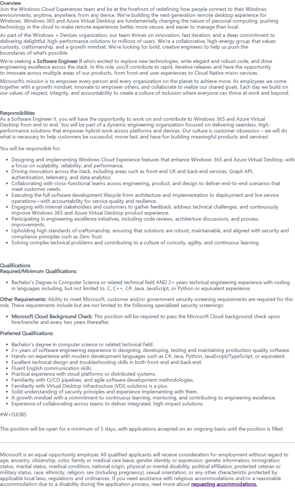 마이크로소프트(Microsoft) Software Engineer 2--AVD Team 채용공고