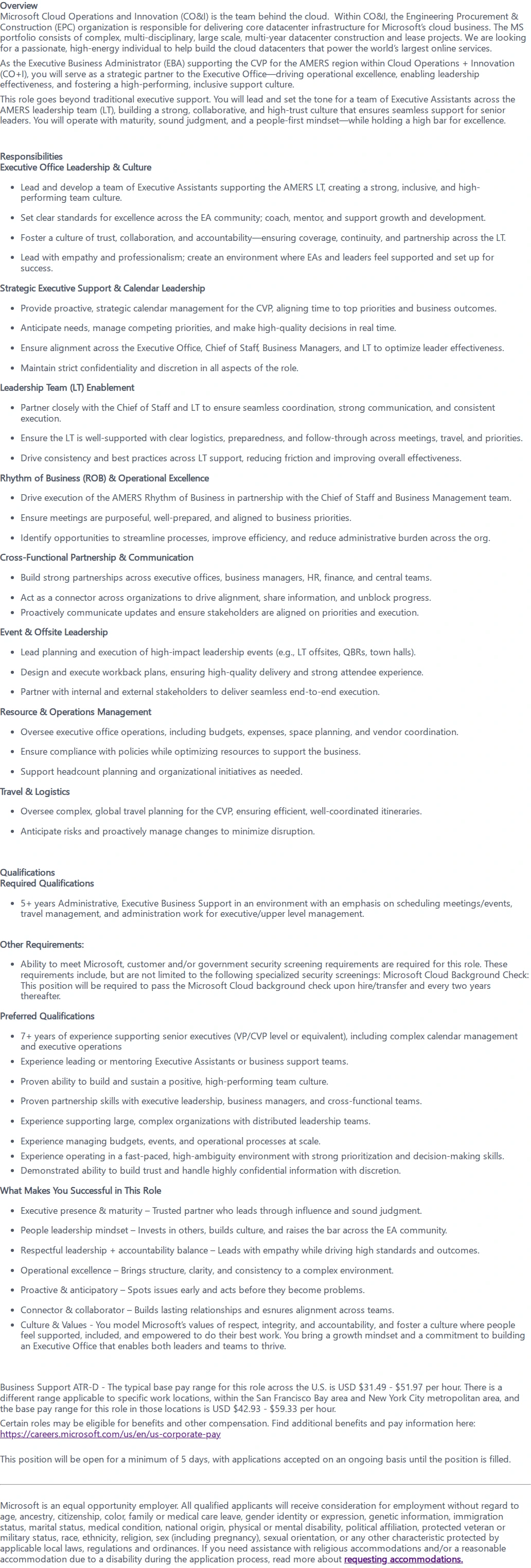 마이크로소프트(Microsoft) Executive Business Administrator 채용공고