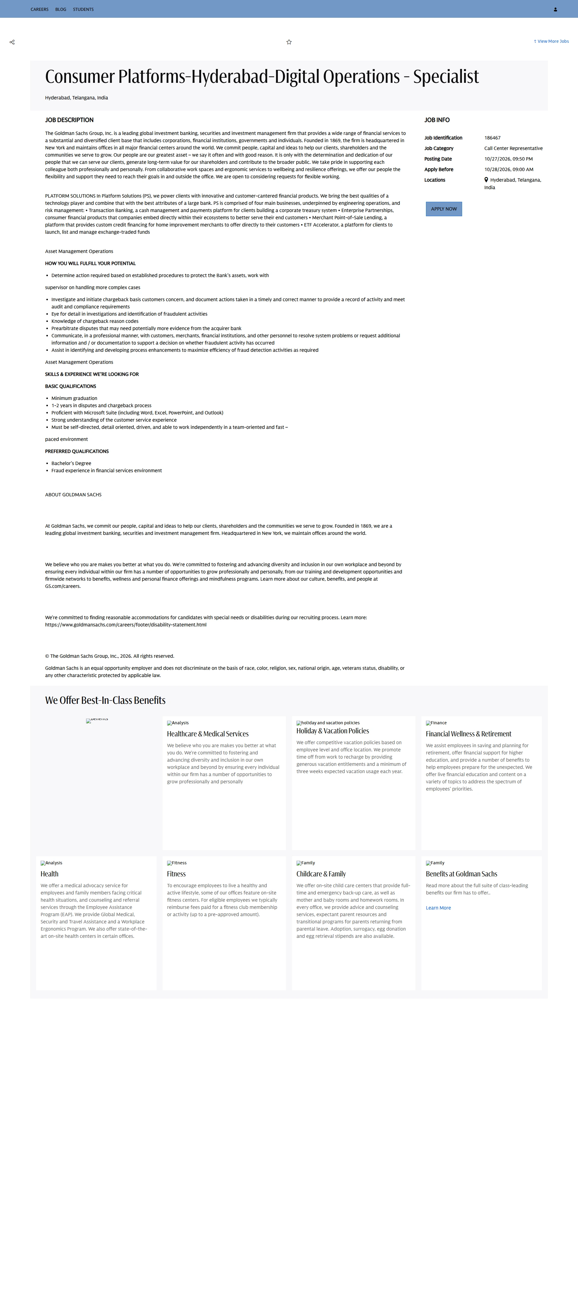 골드만삭스 Consumer Platforms-Hyderabad-Digital Operations - Specialist 채용공고