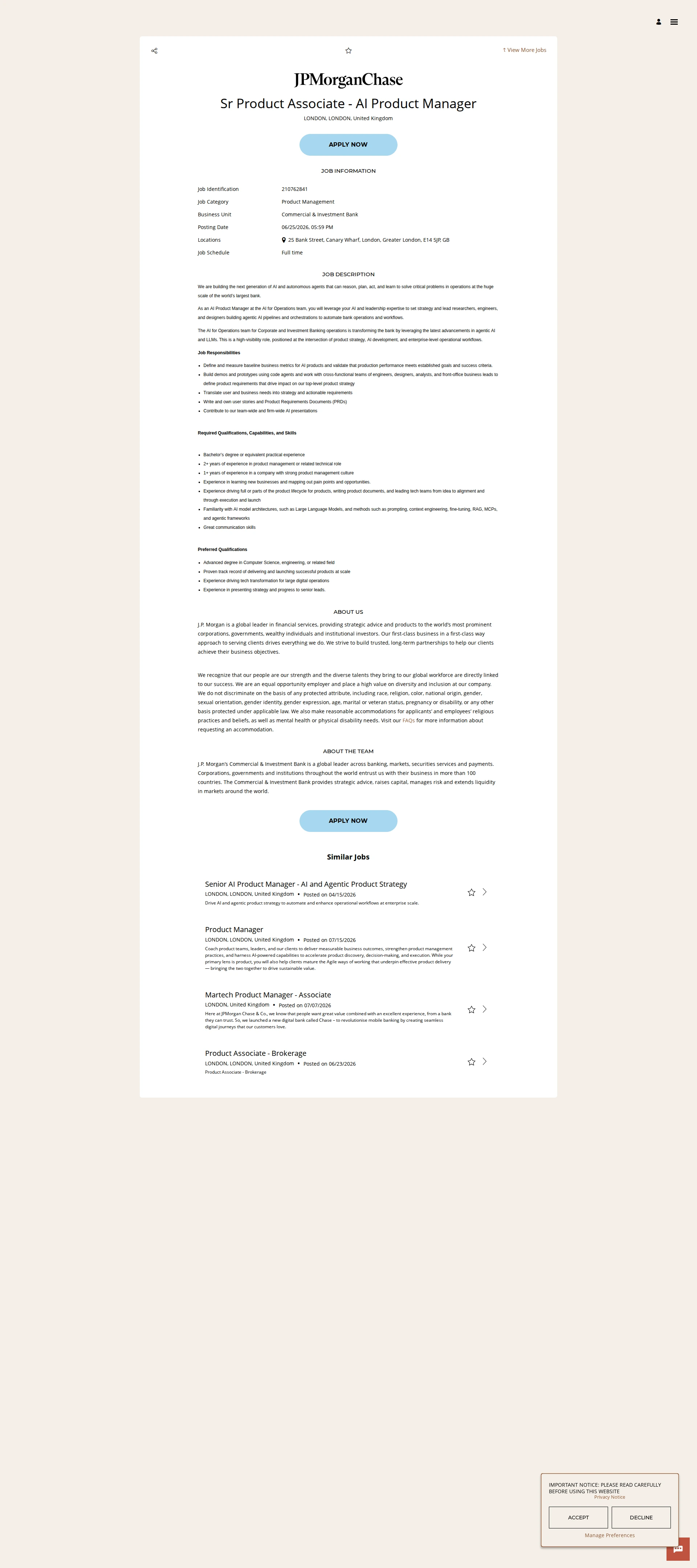 JPMorganChase Sr Product Associate - AI Product Manager 채용공고