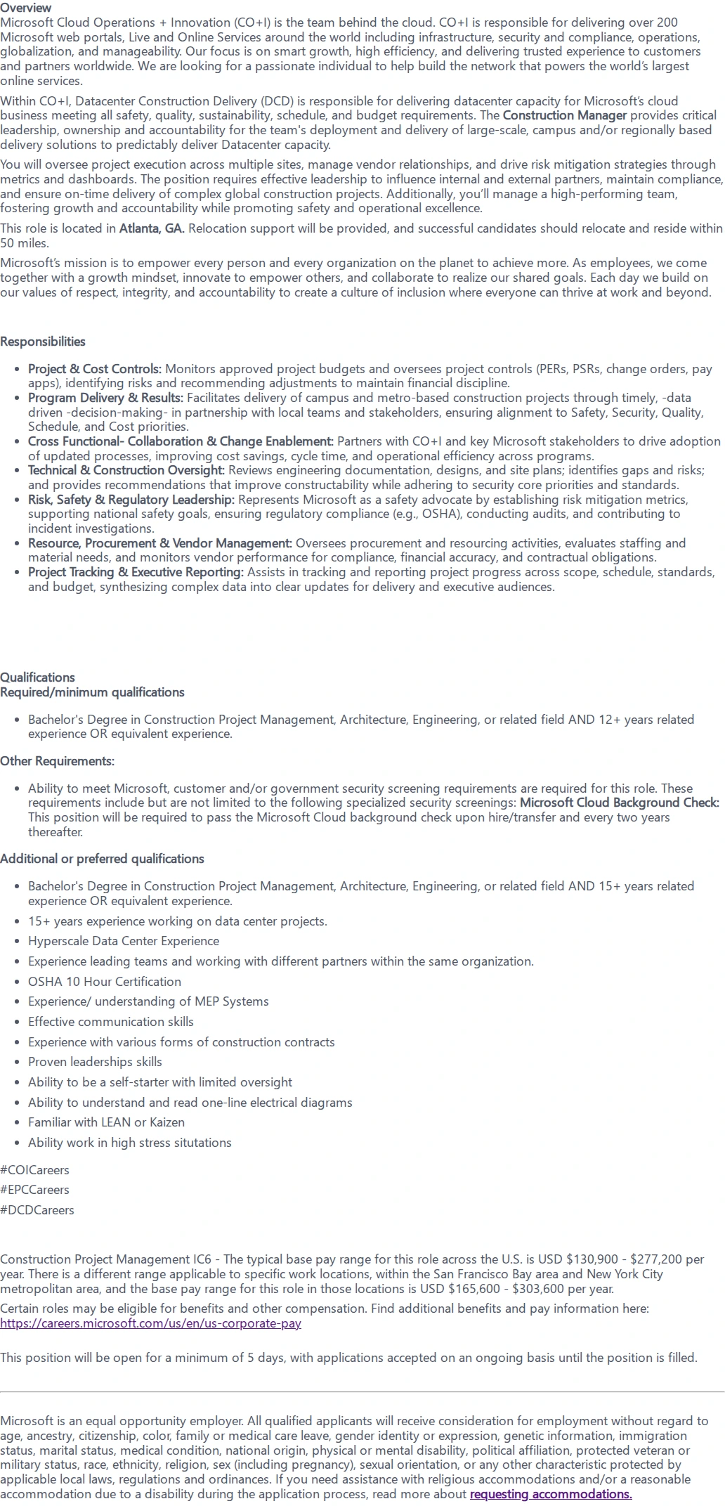마이크로소프트(Microsoft) Project Construction Manager 채용공고