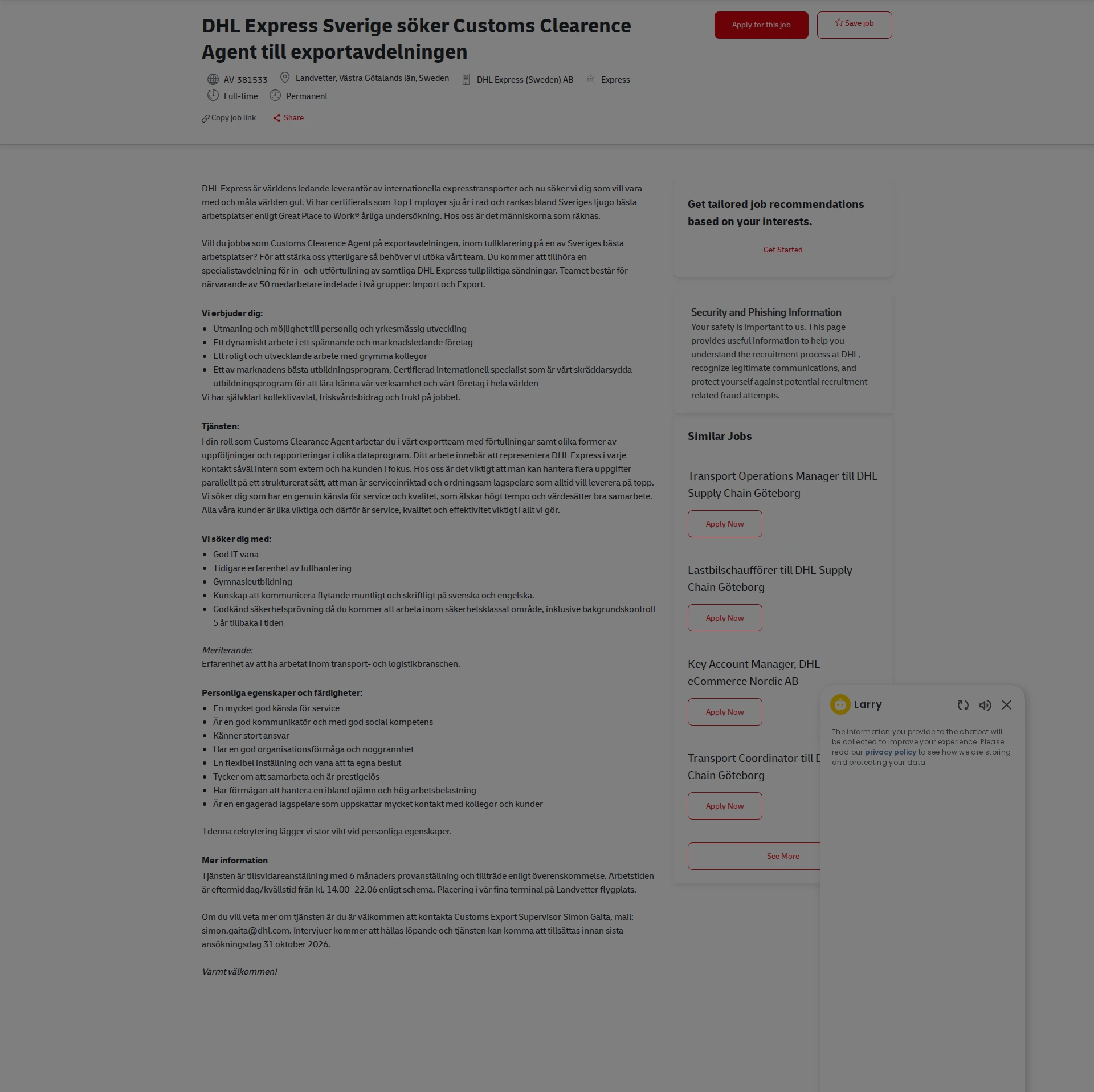 DHL DHL Express Sverige söker Customs Clearence Agent till exportavdelningen 채용공고