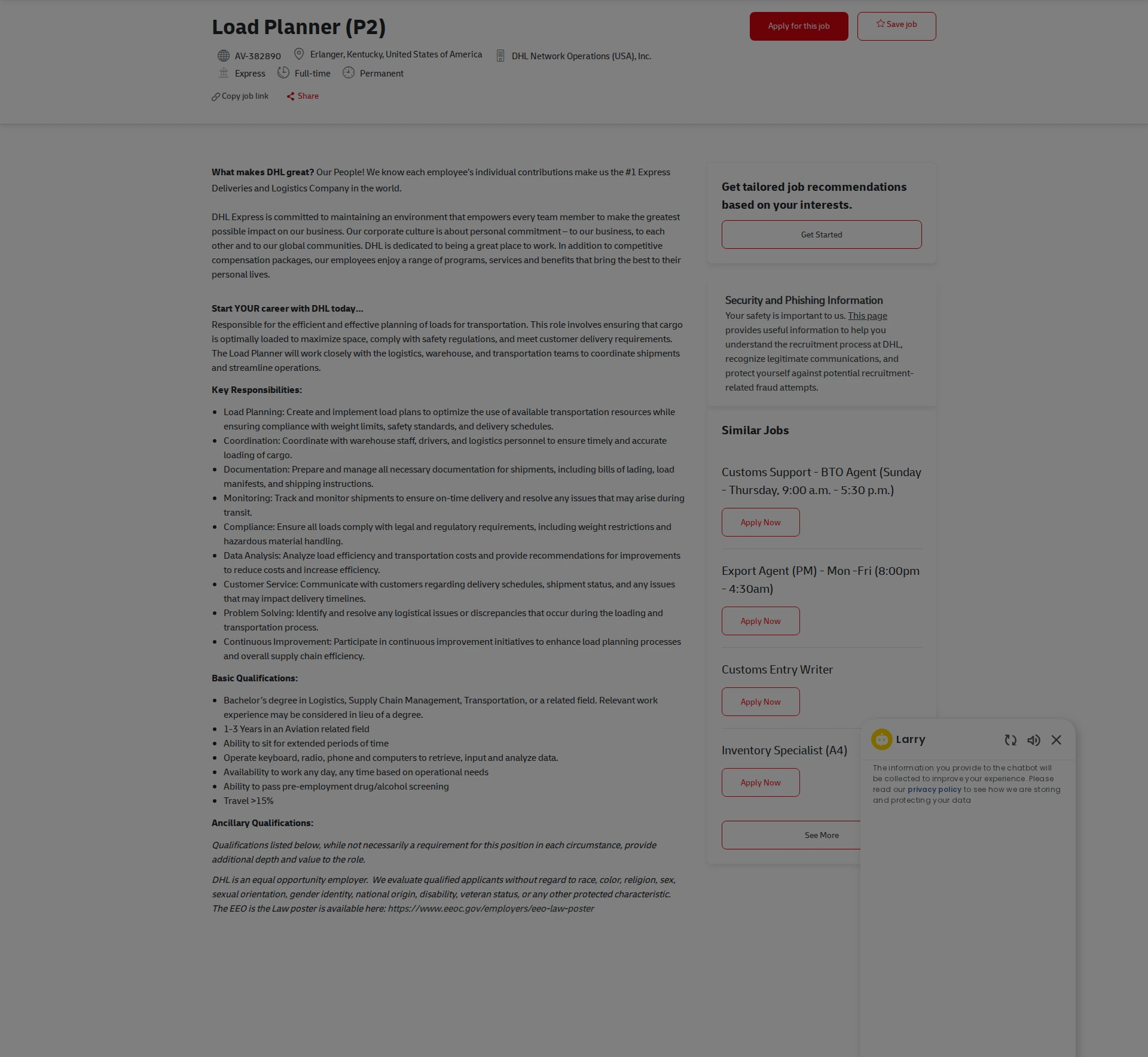 DHL Load Planner (P2) 채용공고