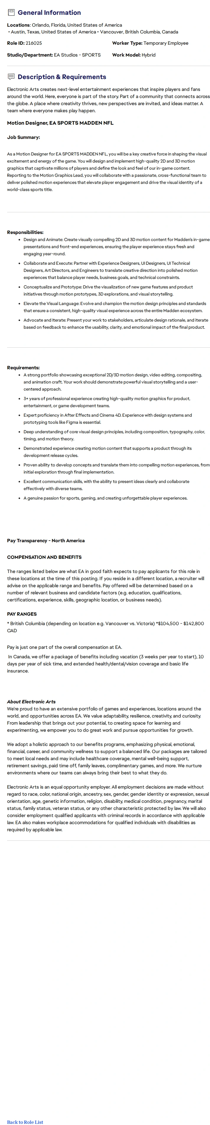ElectronicArts Motion Graphics Designer - Madden NFL 채용공고
