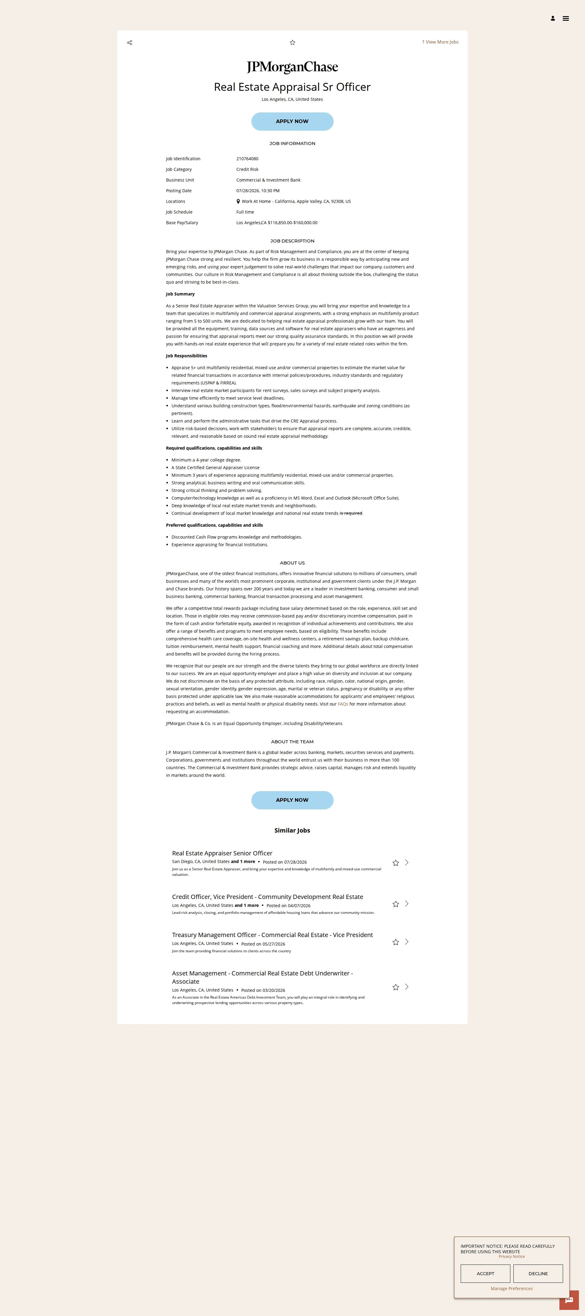 JPMorganChase Real Estate Appraisal Sr Officer 채용공고