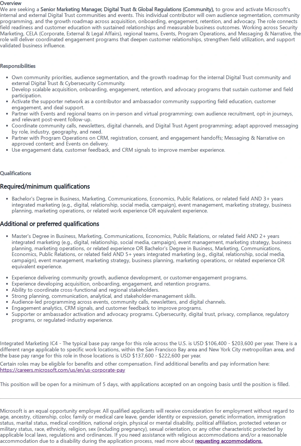 마이크로소프트(Microsoft) Senior Marketing Manager, Digital Trust & Global Regulations (Community) 채용공고
