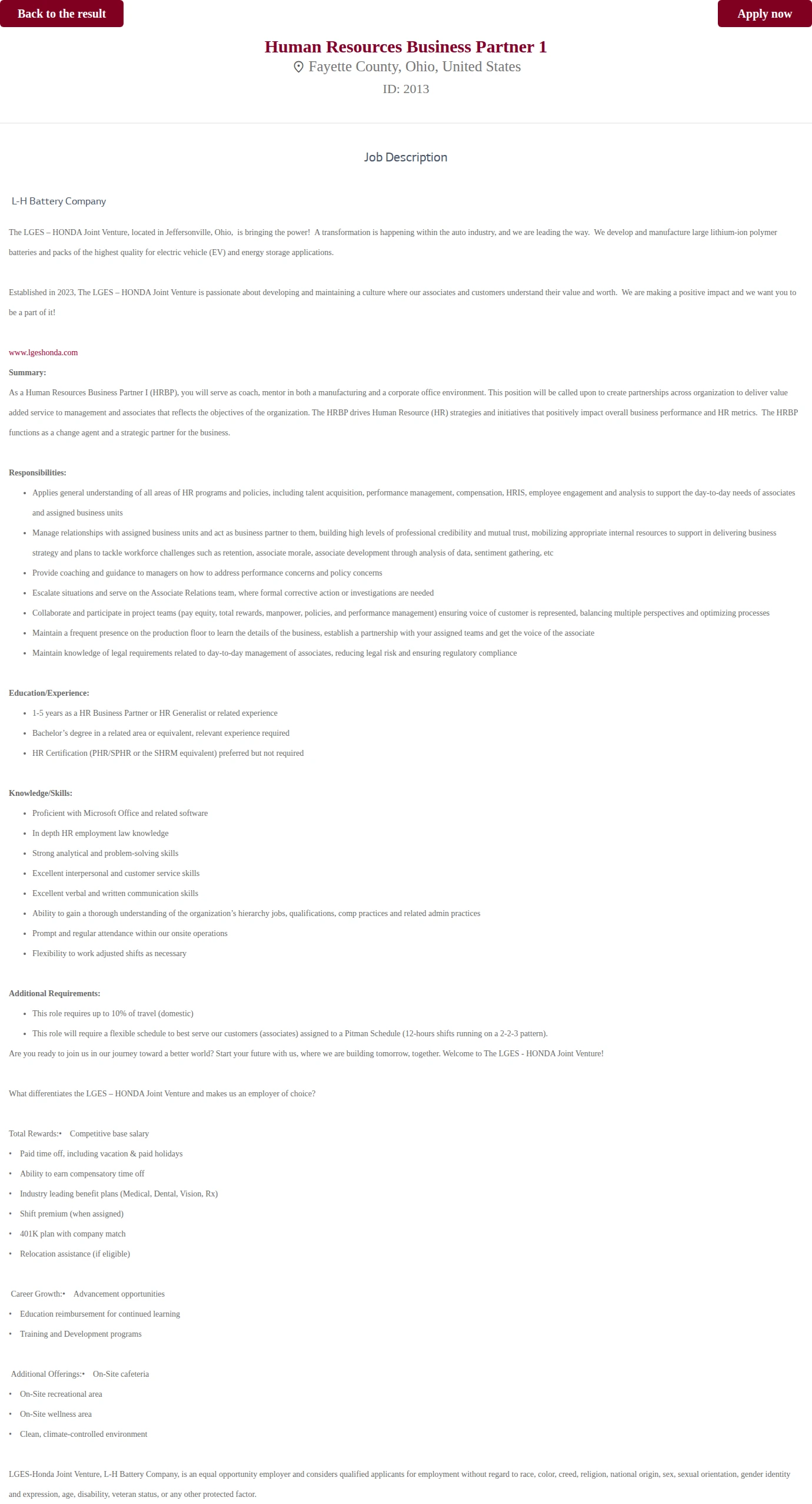 LG전자 Human Resources Business Partner 1 (HRBP) 채용공고