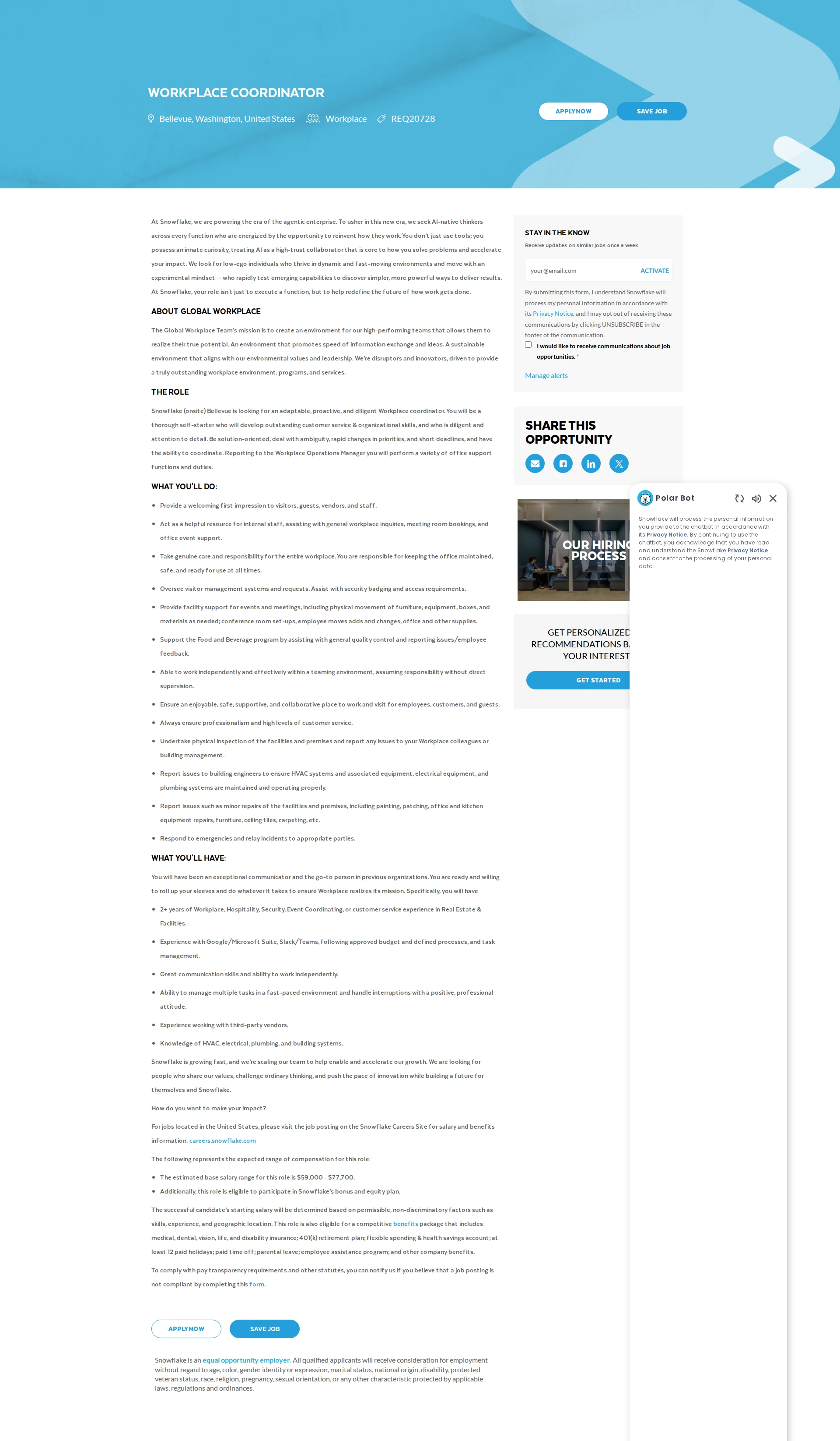 스노우플레이크 Workplace Coordinator 채용공고