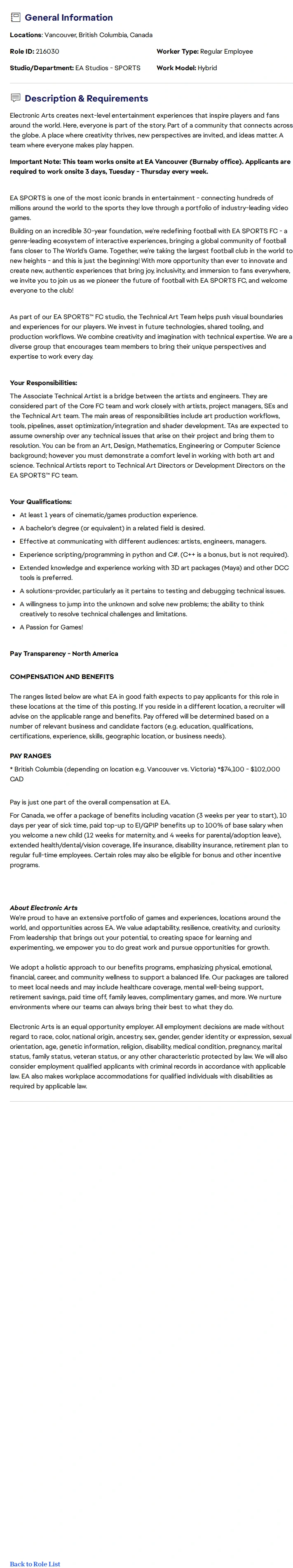 ElectronicArts Associate Technical Artist - EA SPORTS FC 채용공고