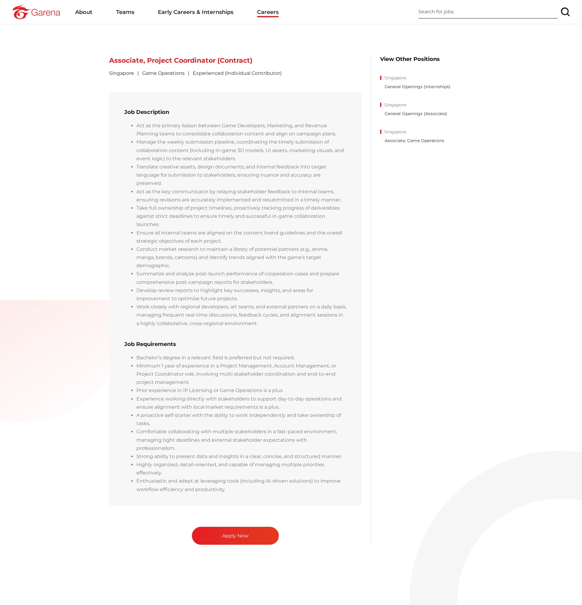 가레나코리아 Associate, Project Coordinator (Contract) 채용공고