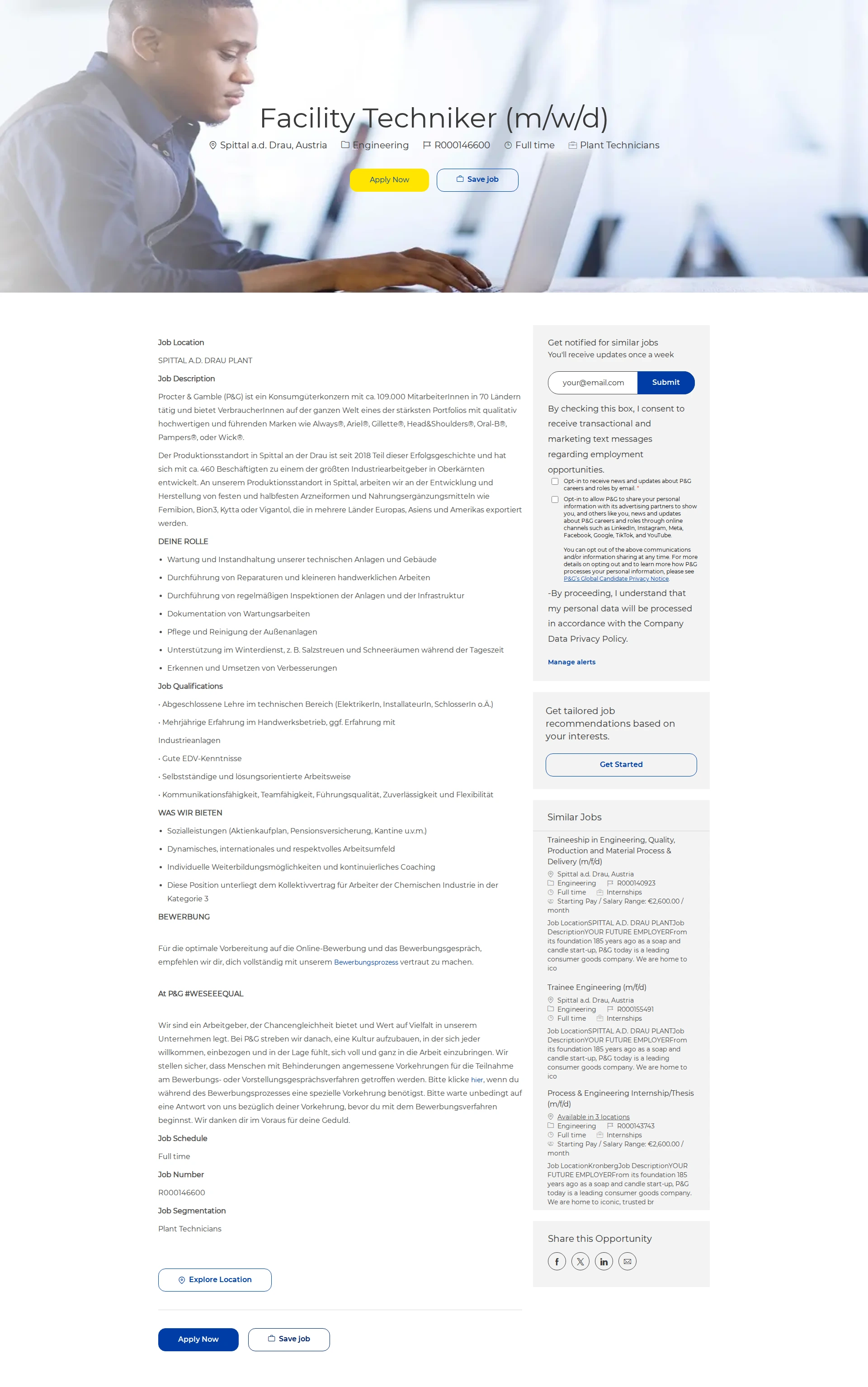 P&G Facility Techniker (m/w/d) 채용공고