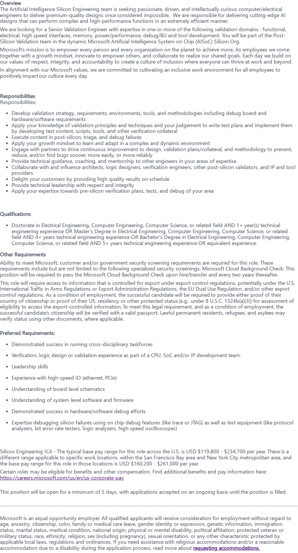 마이크로소프트(Microsoft) Senior Validation Engineer 채용공고
