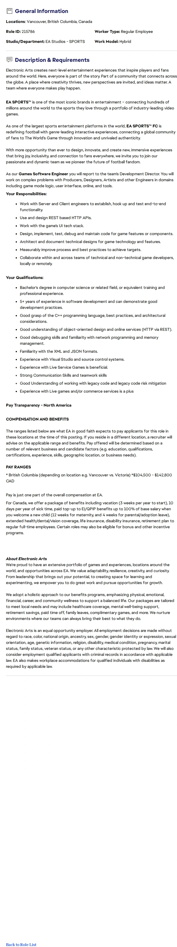 ElectronicArts Generalist Software Engineer - EA SPORTS™ FC 채용공고