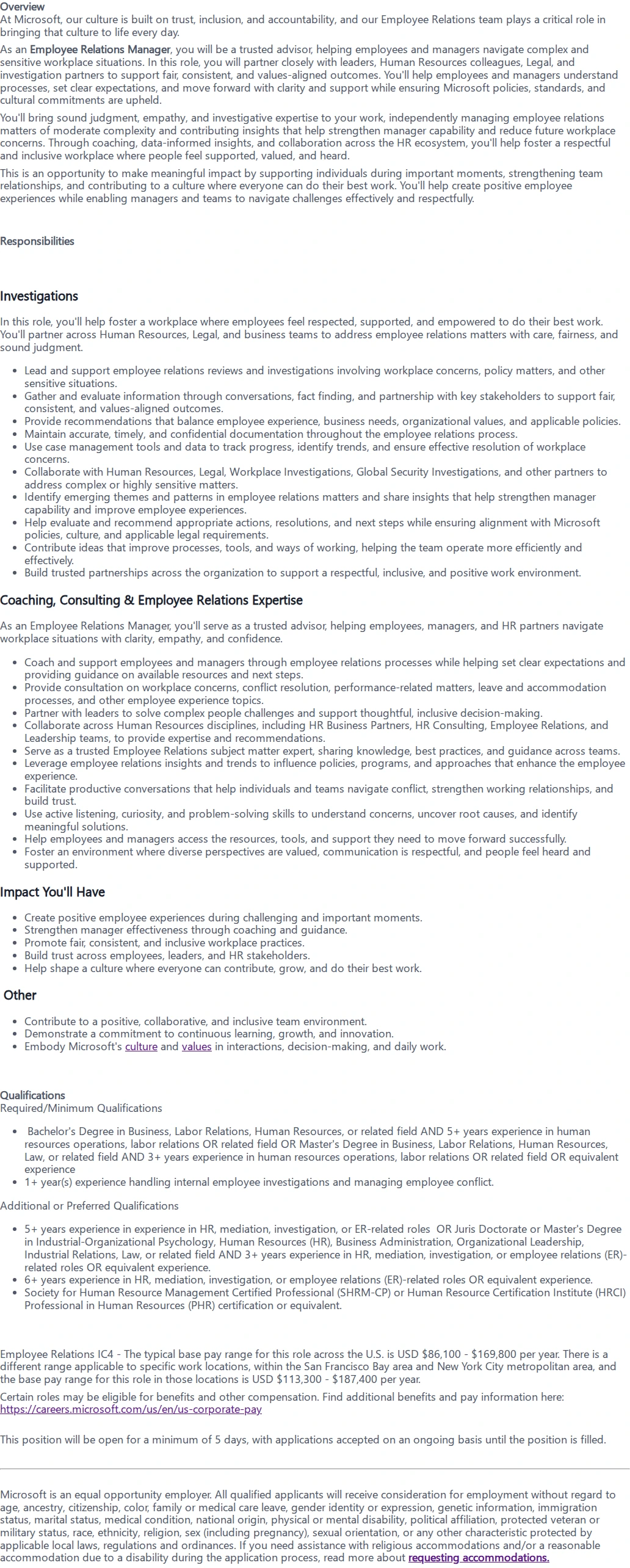 마이크로소프트(Microsoft) Employee Relations Manager 채용공고