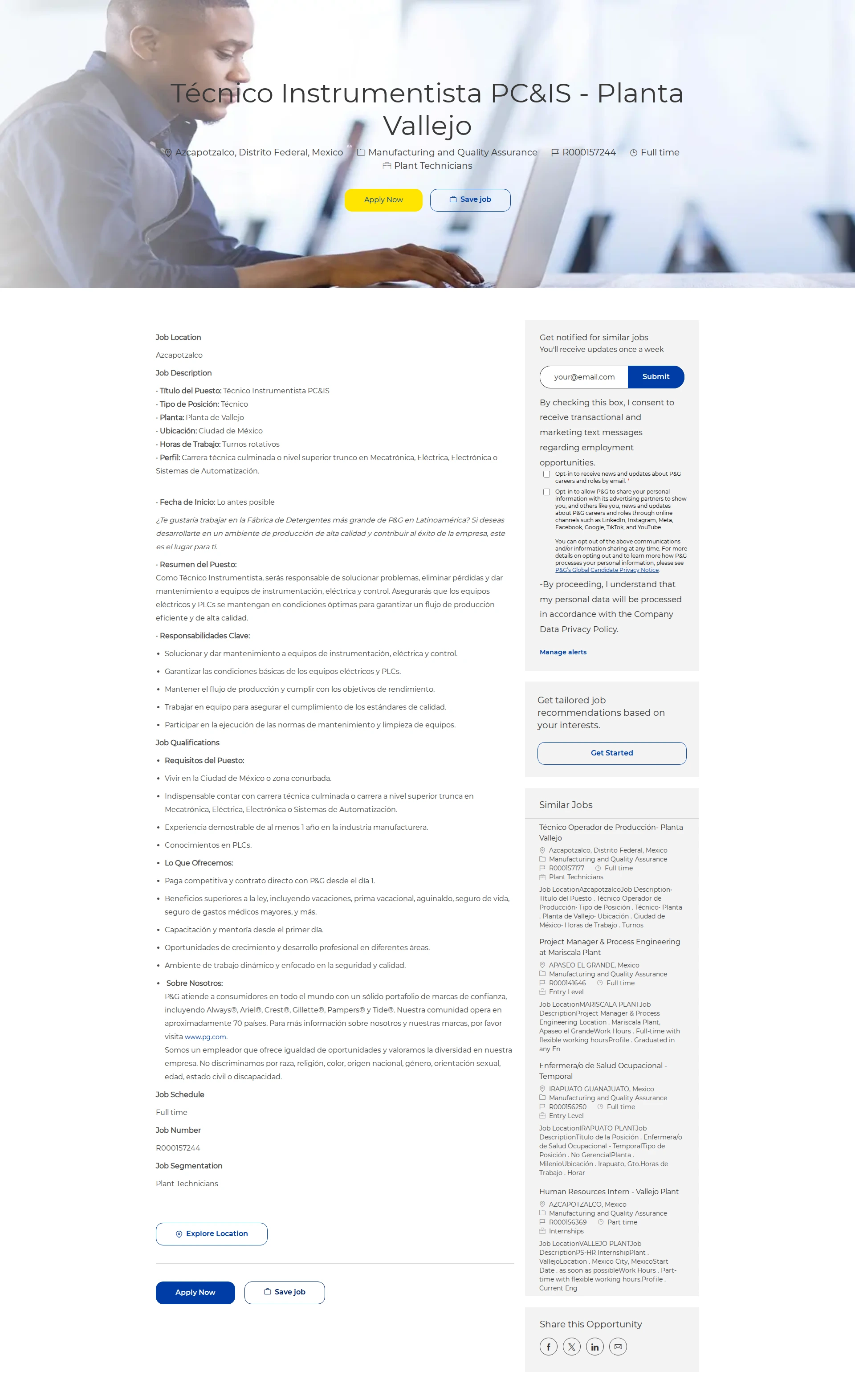 P&G Técnico Instrumentista PC&IS - Planta Vallejo 채용공고