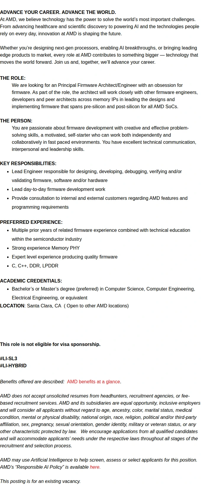 AMD Memory PHY Firmware Architect 채용공고
