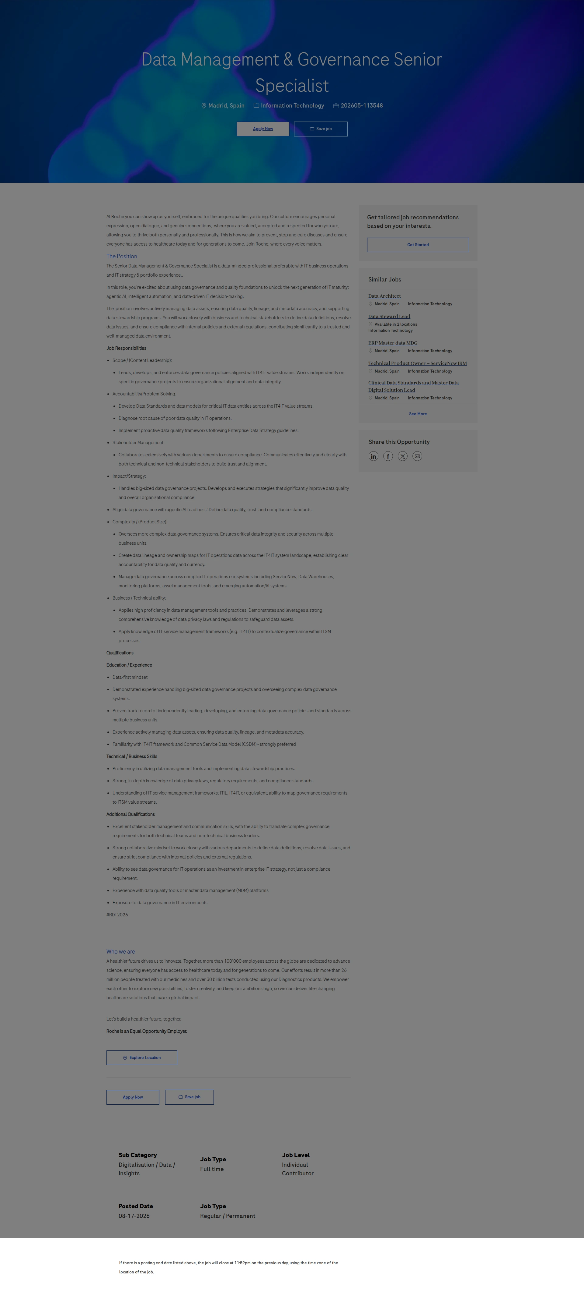 로슈 Data Management & Governance Senior Specialist 채용공고