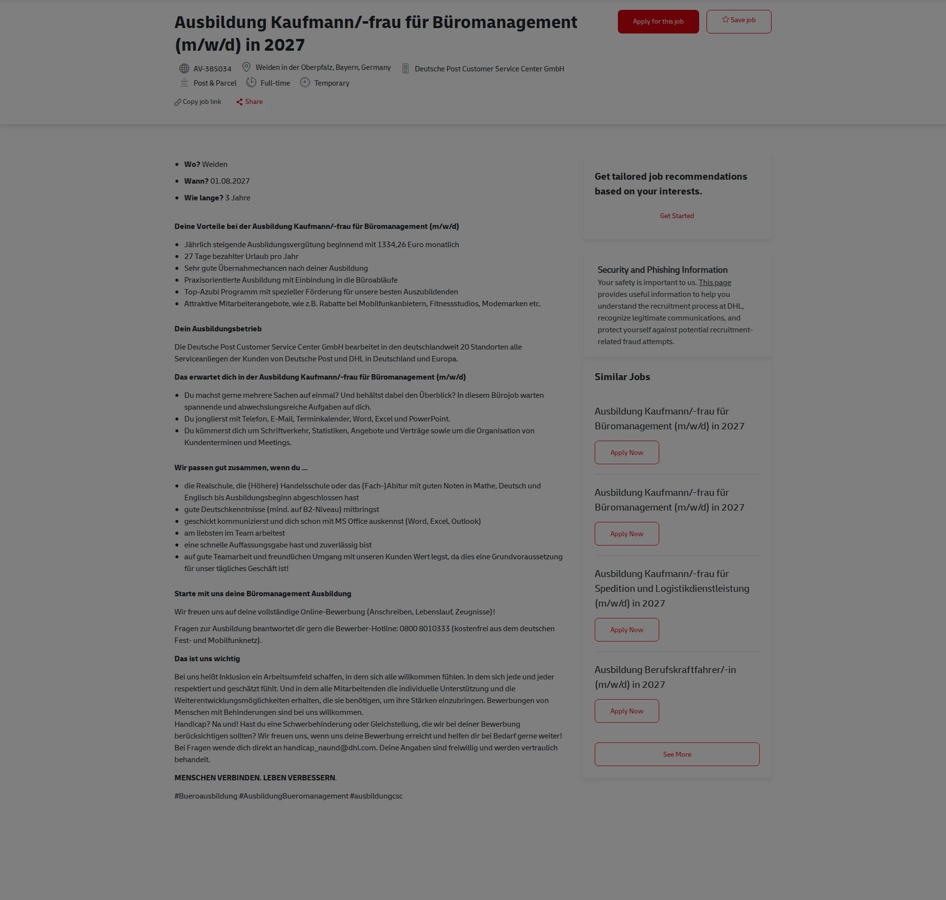 DHL Ausbildung Kaufmann/-frau für Büromanagement (m/w/d) in 2027 채용공고