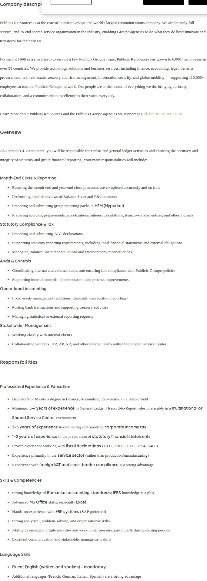 Publicis Groupe Senior General Ledger Accountant 채용공고