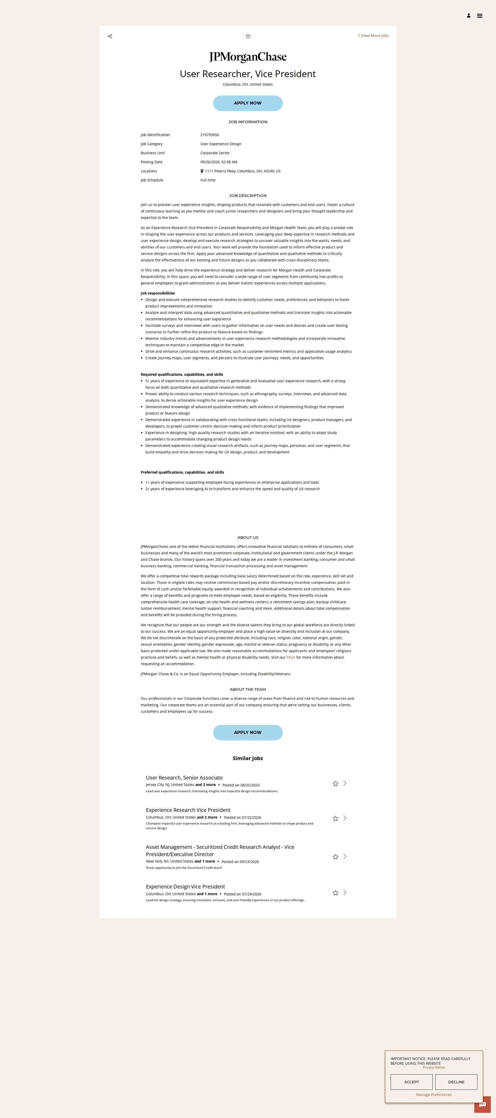 JPMorganChase User Researcher, Vice President 채용공고