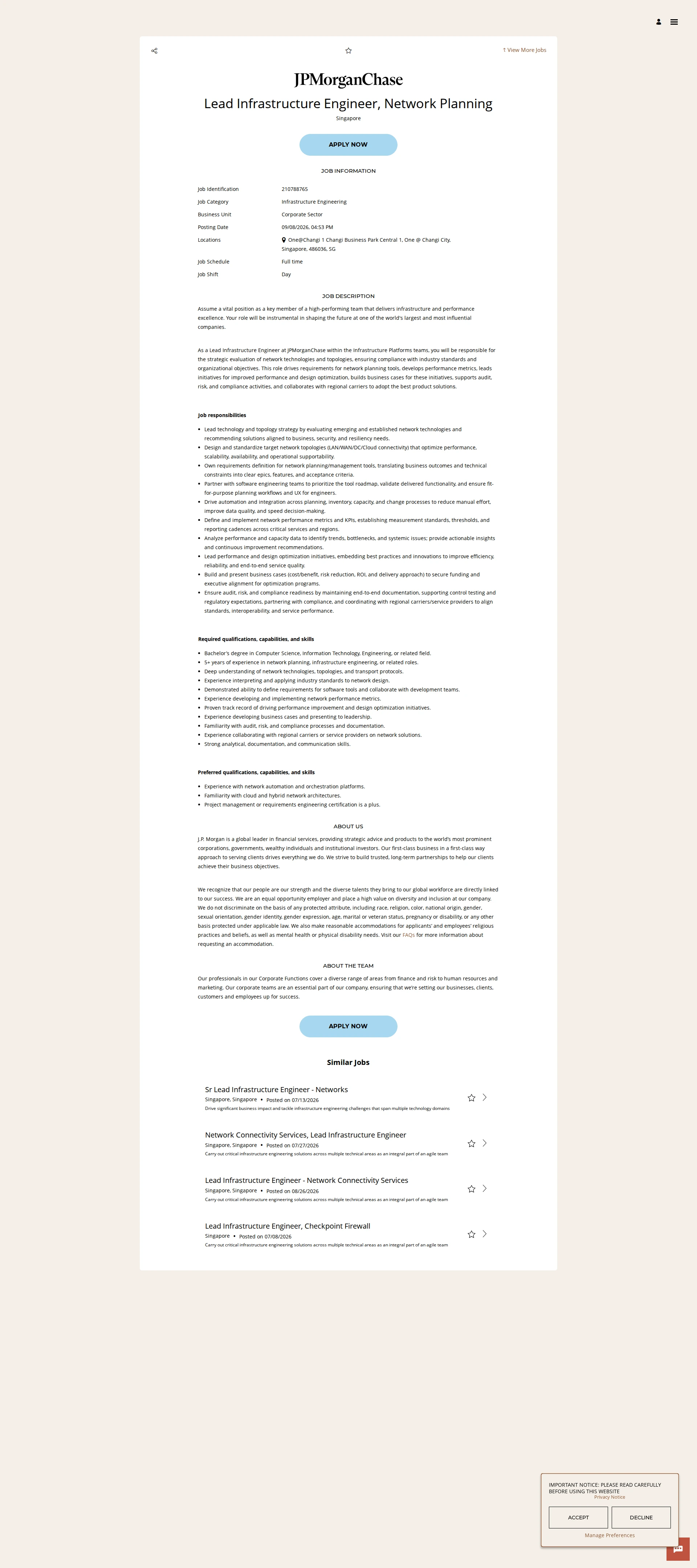 JPMorganChase Lead Infrastructure Engineer, Network Planning 채용공고