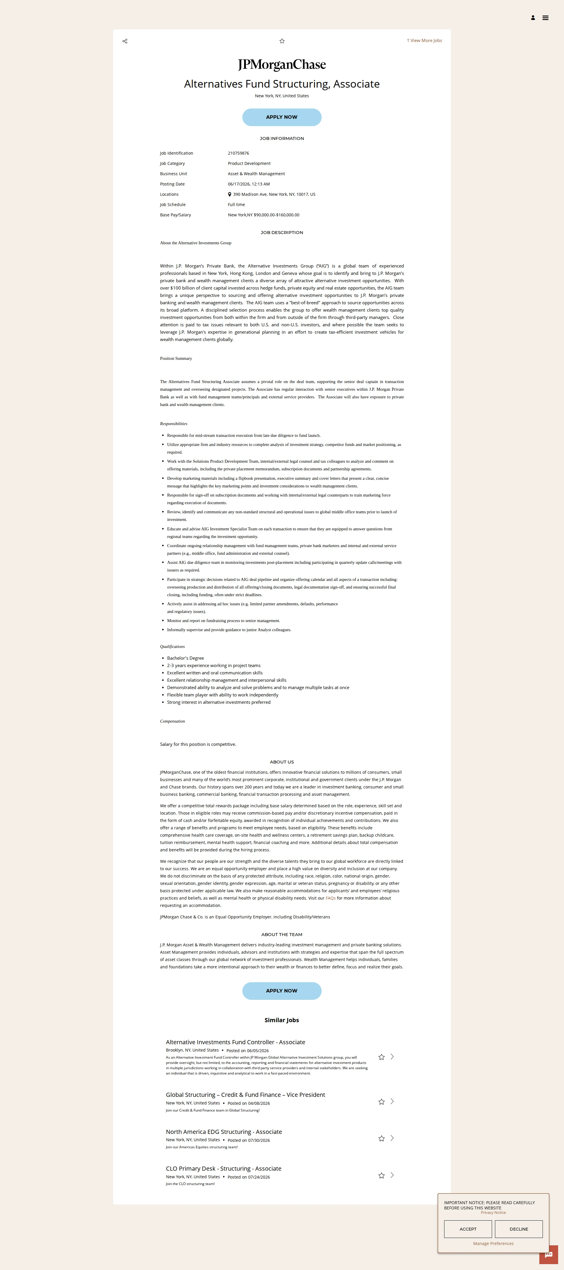 JPMorganChase Alternatives Fund Structuring, Associate 채용공고