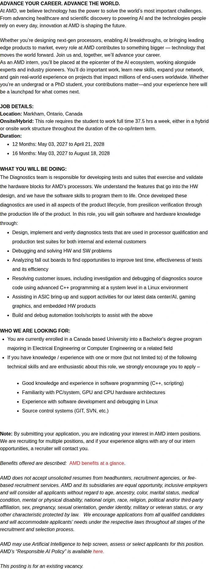 AMD Summer 2027 Long Term Diagnostics Design Engineering Intern/Co-op 채용공고
