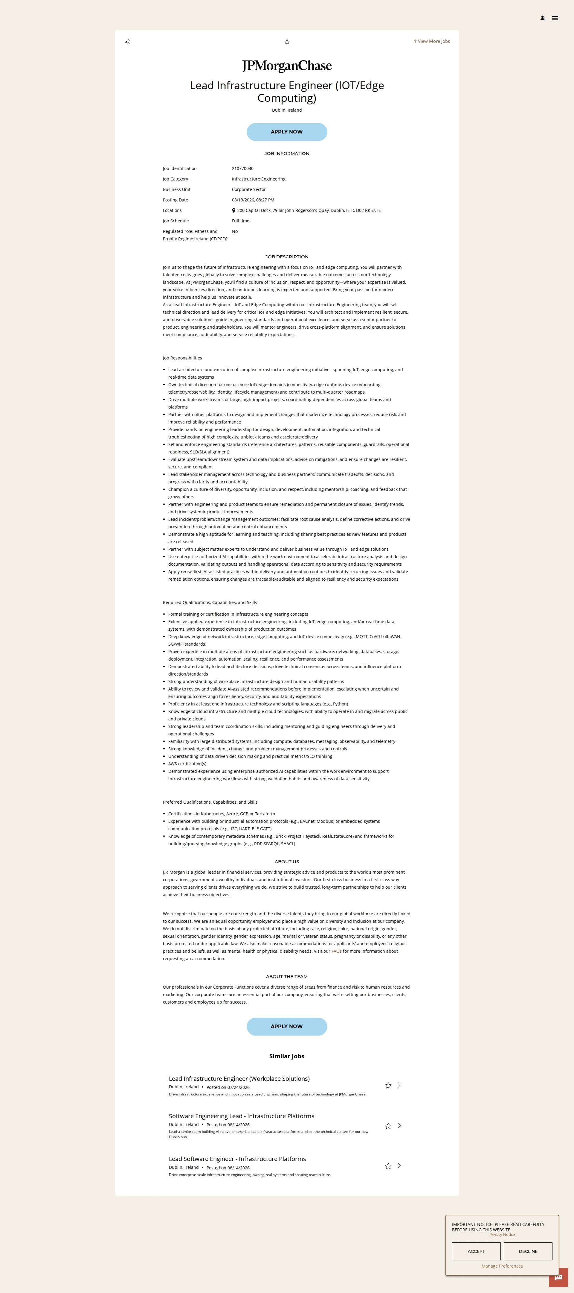 JPMorganChase Lead Infrastructure Engineer (IOT/Edge Computing) 채용공고