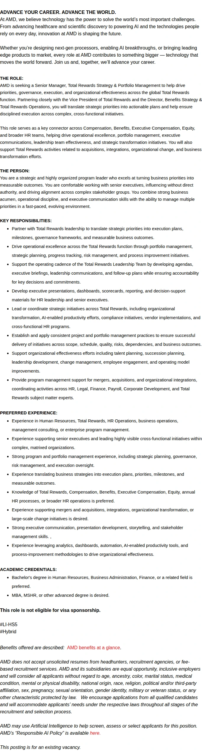 AMD Senior Manager, Total Rewards Strategy & Portfolio Management 채용공고