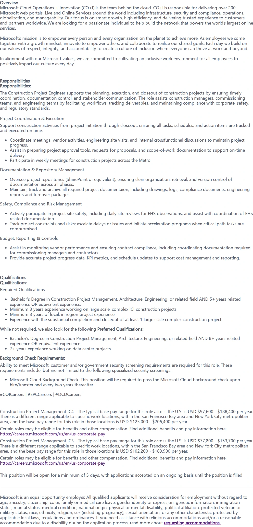 마이크로소프트(Microsoft) Construction Project Engineer 채용공고