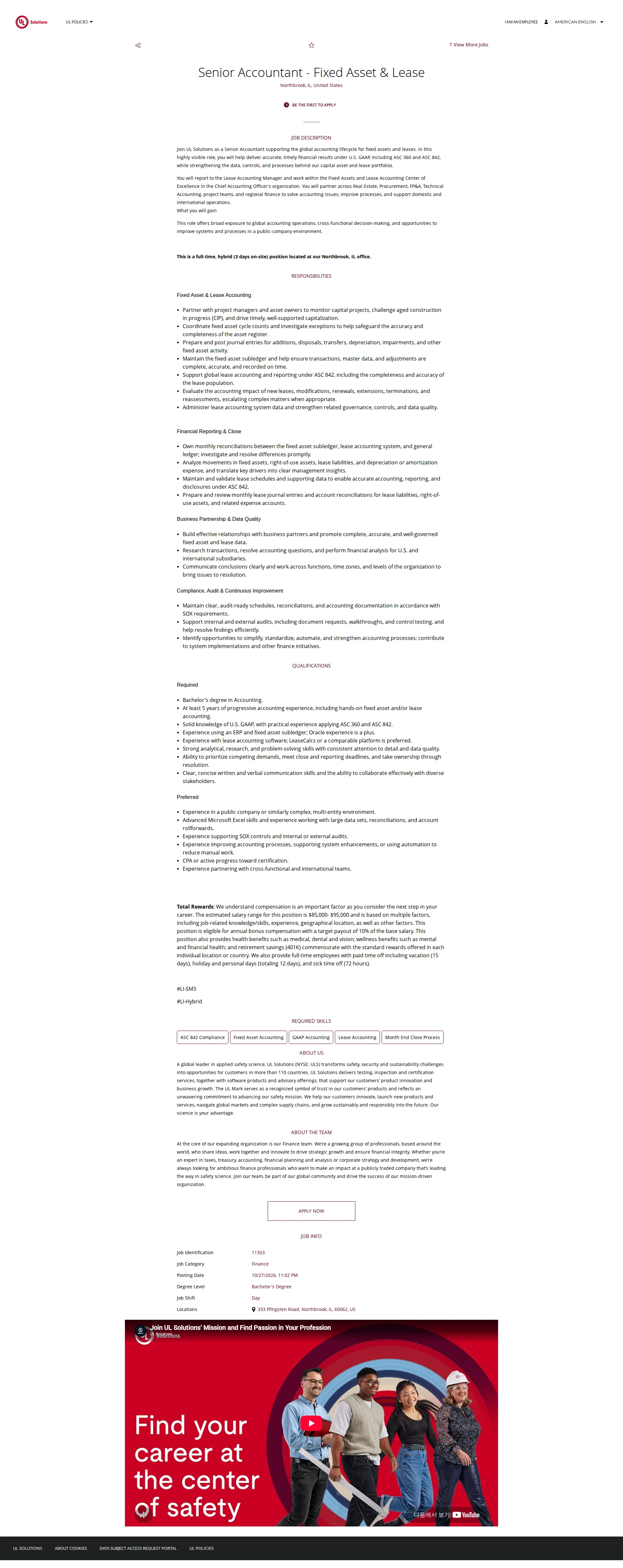 UL Solutions Senior Accountant - Fixed Asset & Lease 채용공고