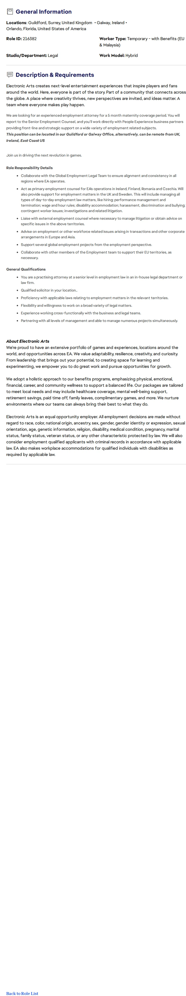 ElectronicArts Employment Counsel 채용공고