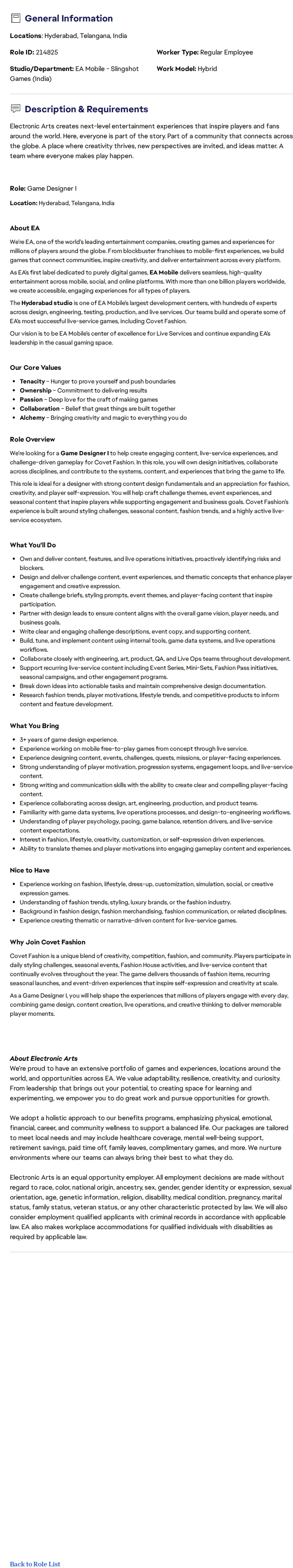 ElectronicArts Game Designer I 채용공고