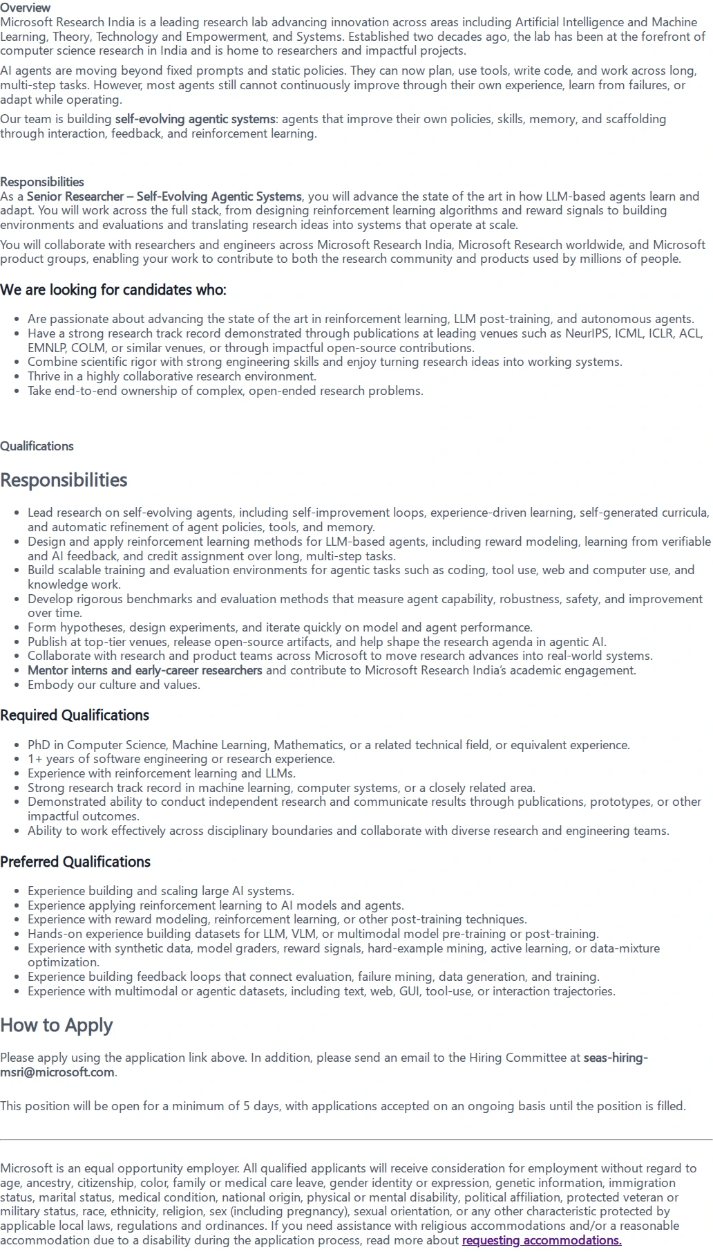 마이크로소프트(Microsoft) Senior Researcher - Self-Evolving Agentic Systems 채용공고