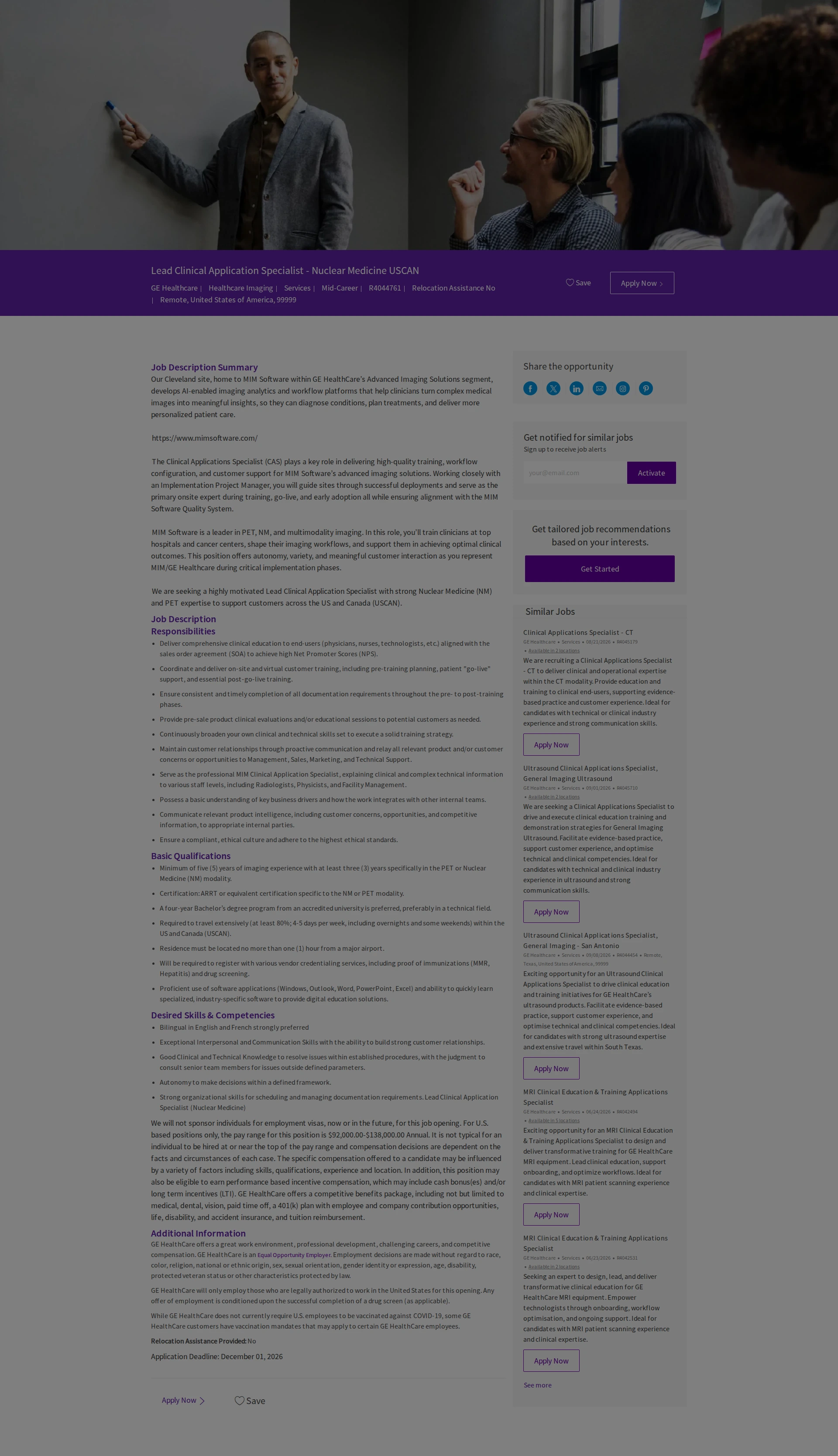 GE헬스케어 Lead Clinical Application Specialist - Nuclear Medicine USCAN 채용공고