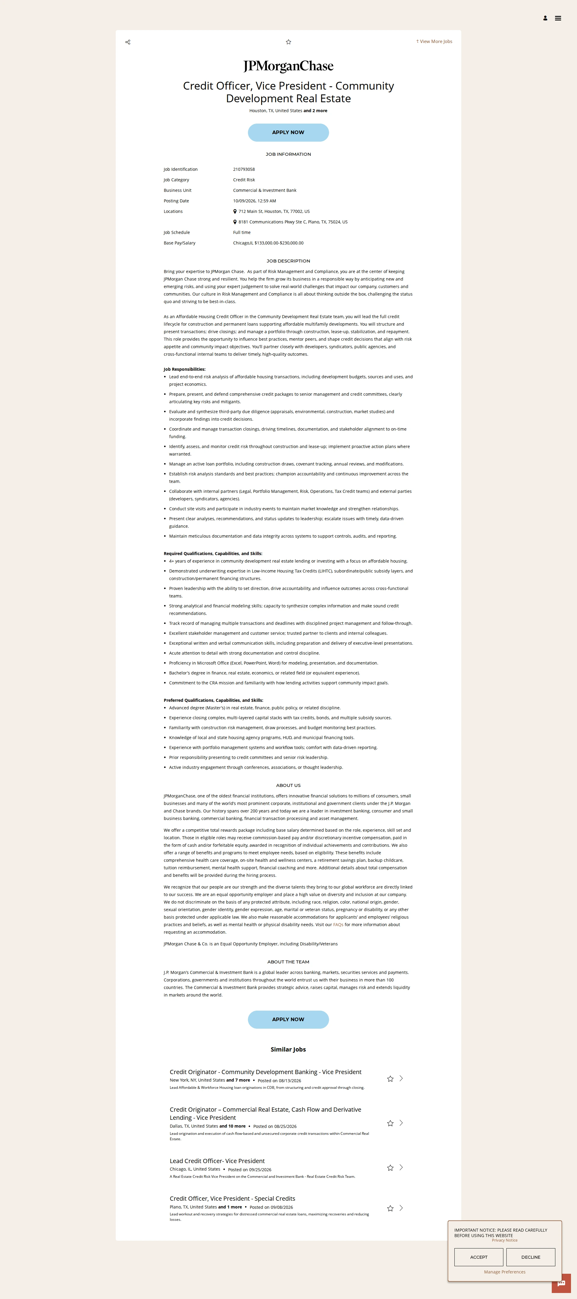 JPMorganChase Credit Officer, Vice President - Community Development Real Estate 채용공고