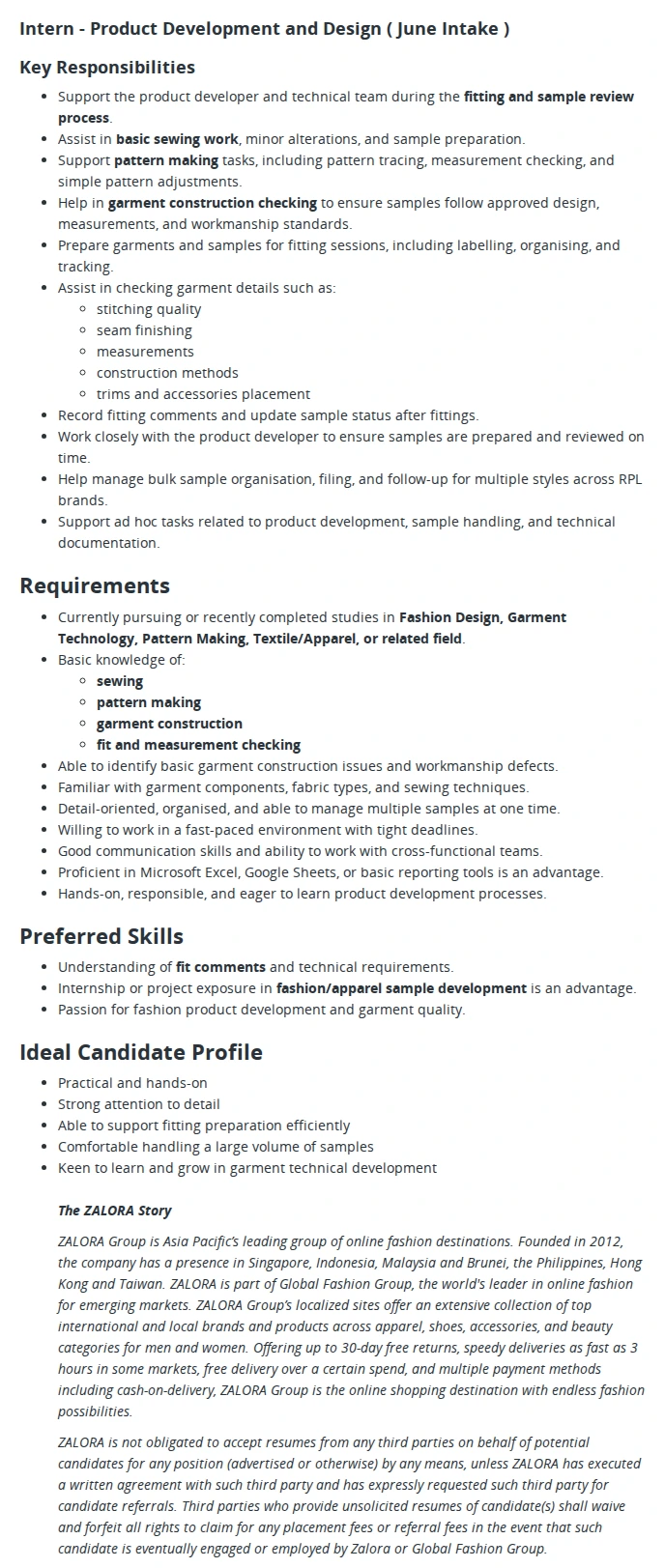 ZALORA SOUTH EAST ASIA PTE LTD Intern - Product Developer - Fashion Apparel Design 채용공고