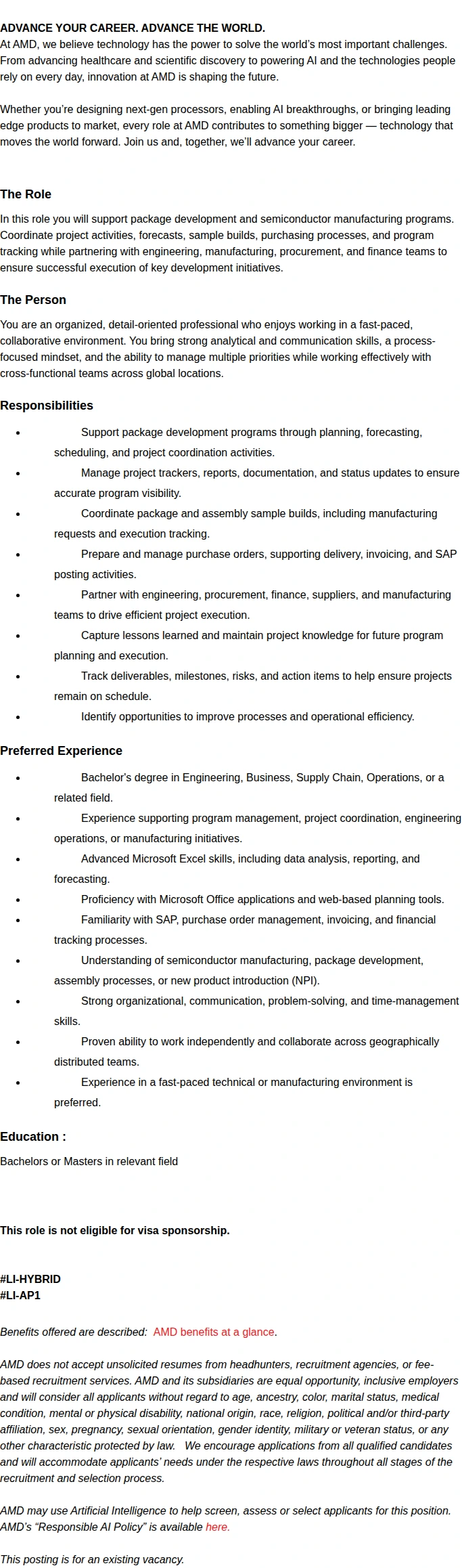 AMD Program Management Analyst 채용공고