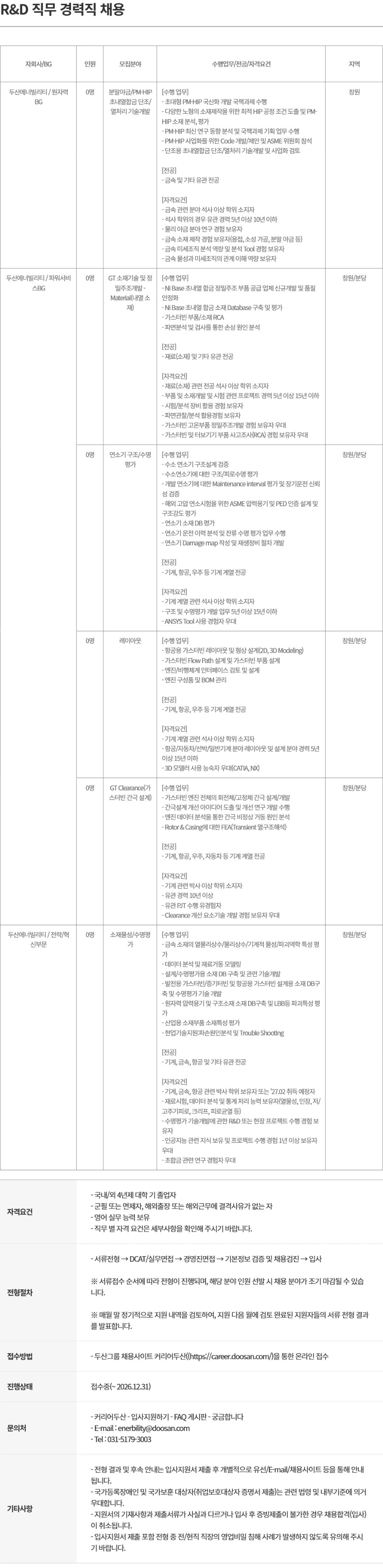 두산에너빌리티 R&D 직무 경력직 채용 채용공고