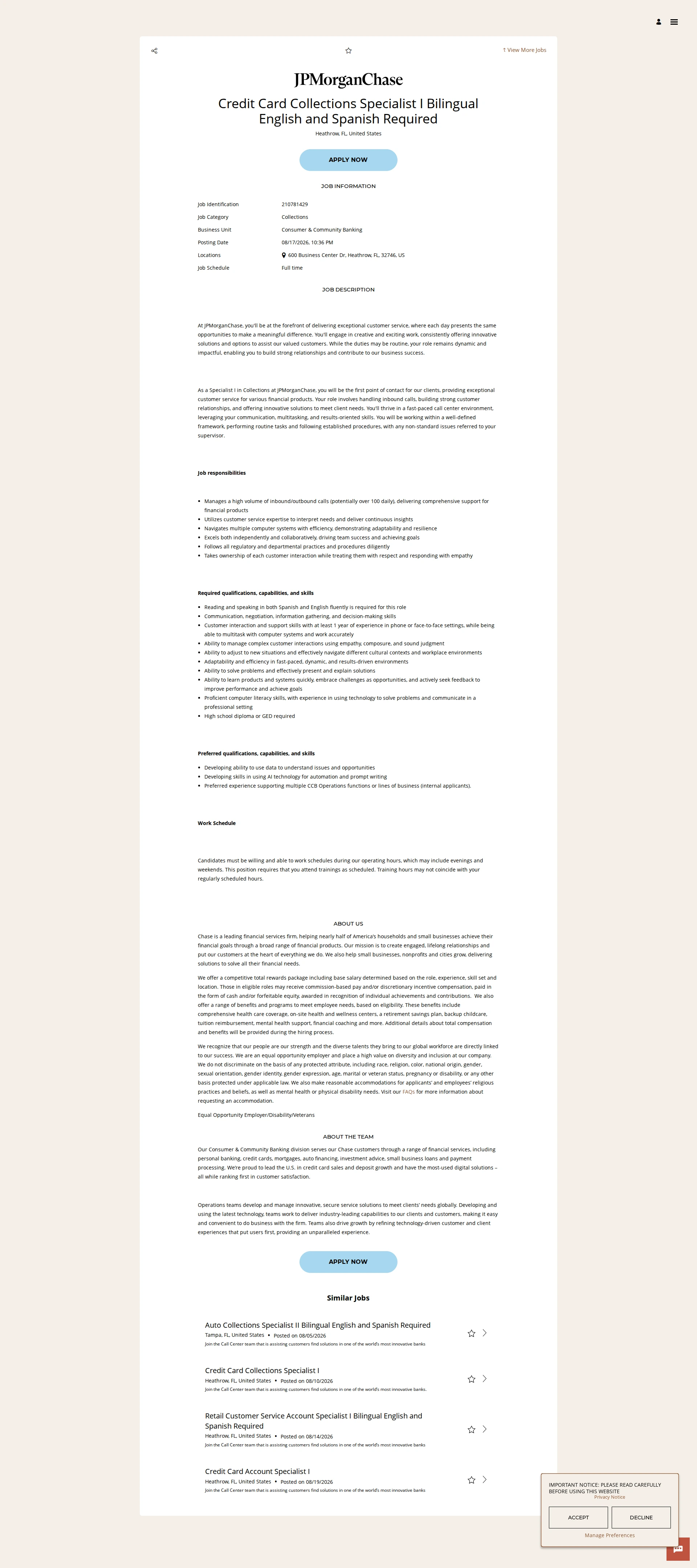 JPMorganChase Credit Card Collections Specialist I Bilingual English and Spanish Required 채용공고