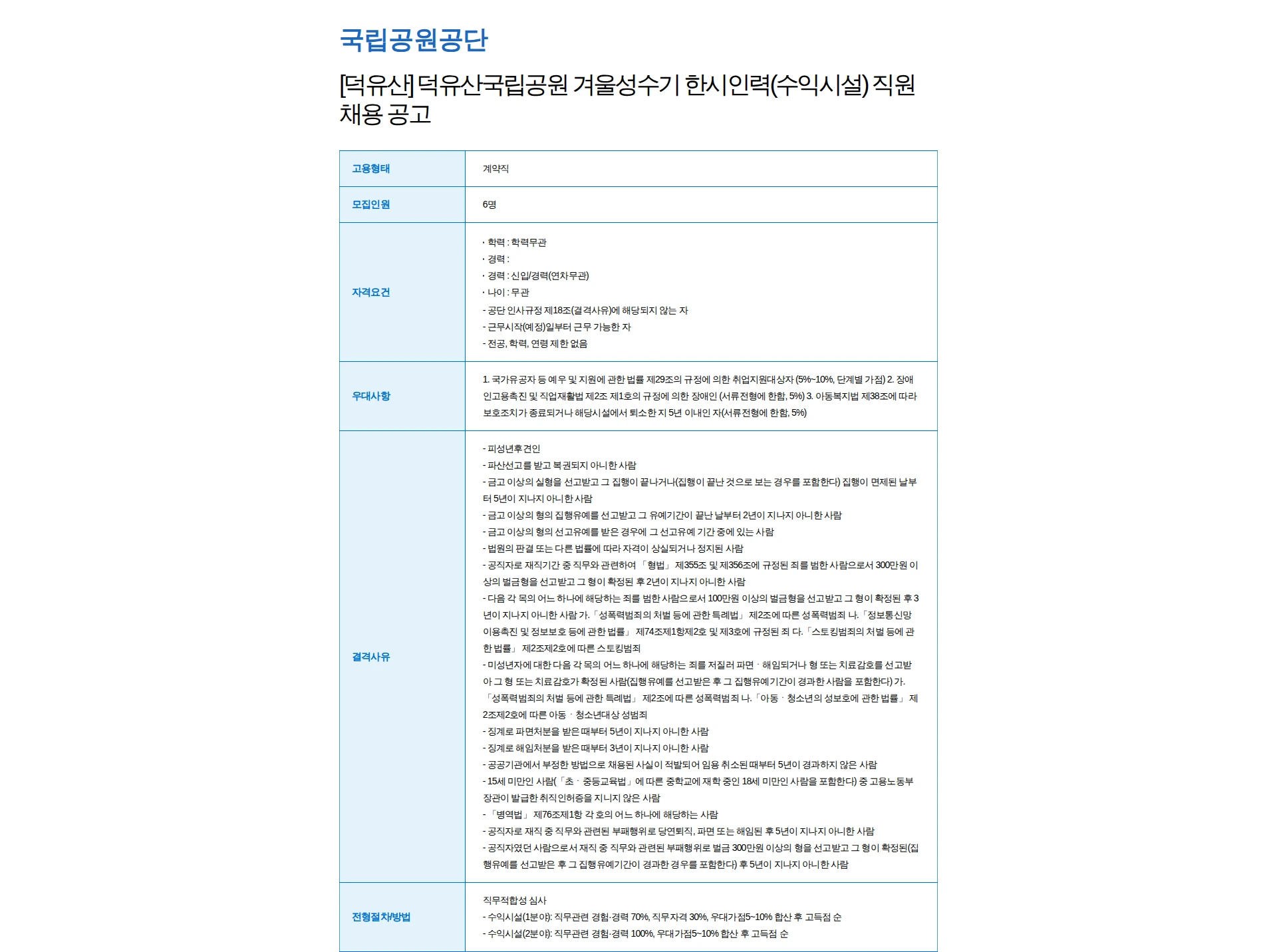 국립공원공단 [덕유산] 덕유산국립공원 겨울성수기 한시인력(수익시설) 직원 채용 공고 채용공고