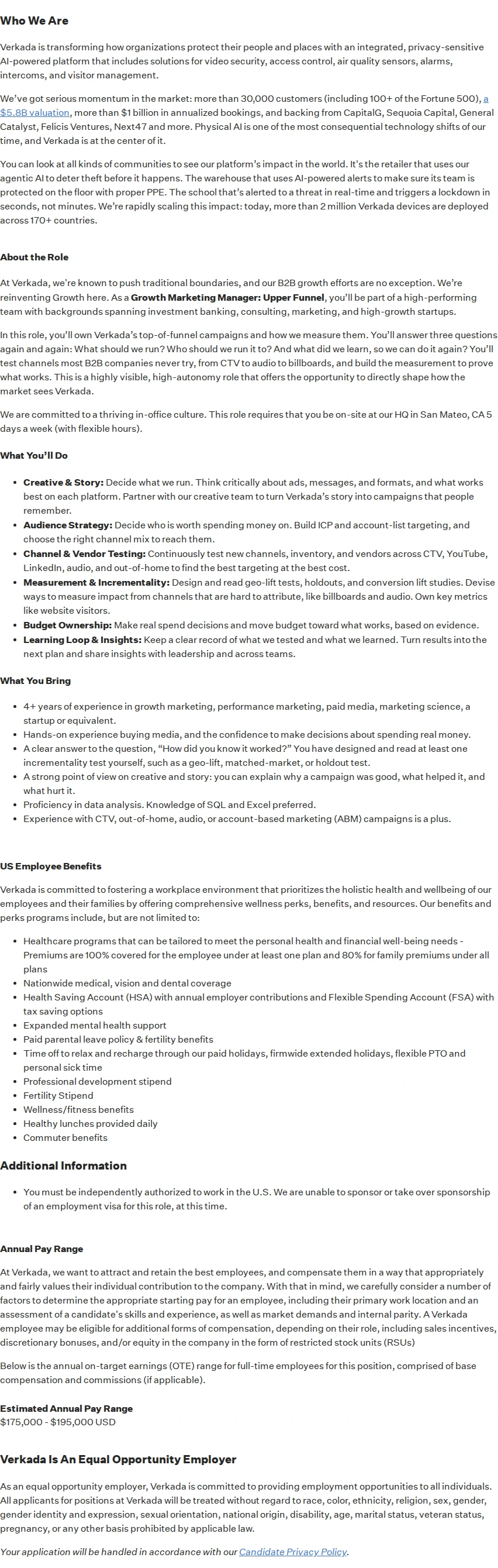 버카다 Growth Marketing Manager, Upper Funnel 채용공고