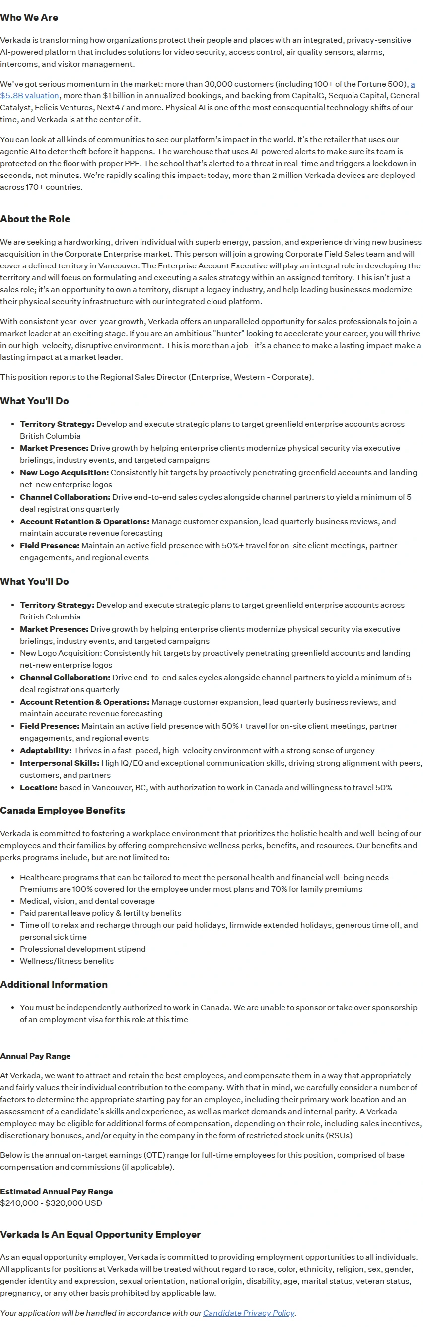 버카다 Enterprise Account Executive (Vancouver) 채용공고