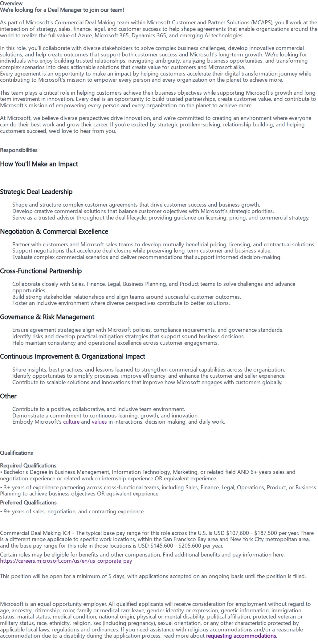 마이크로소프트(Microsoft) Deal Manager 채용공고