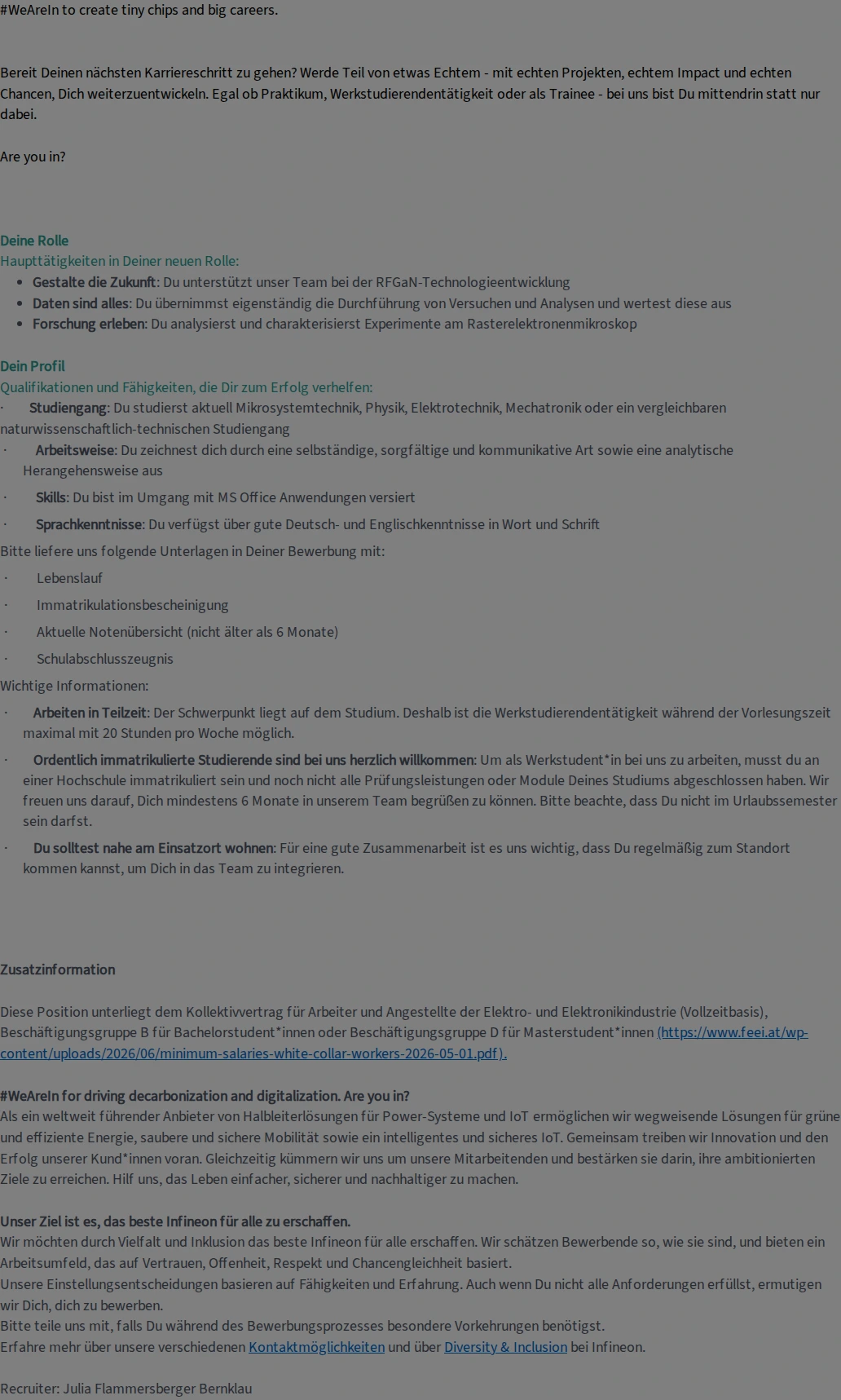 인피니언 Werkstudententätigkeit/ Praktikum: Technology Development RFGaN (w/m/div) 채용공고
